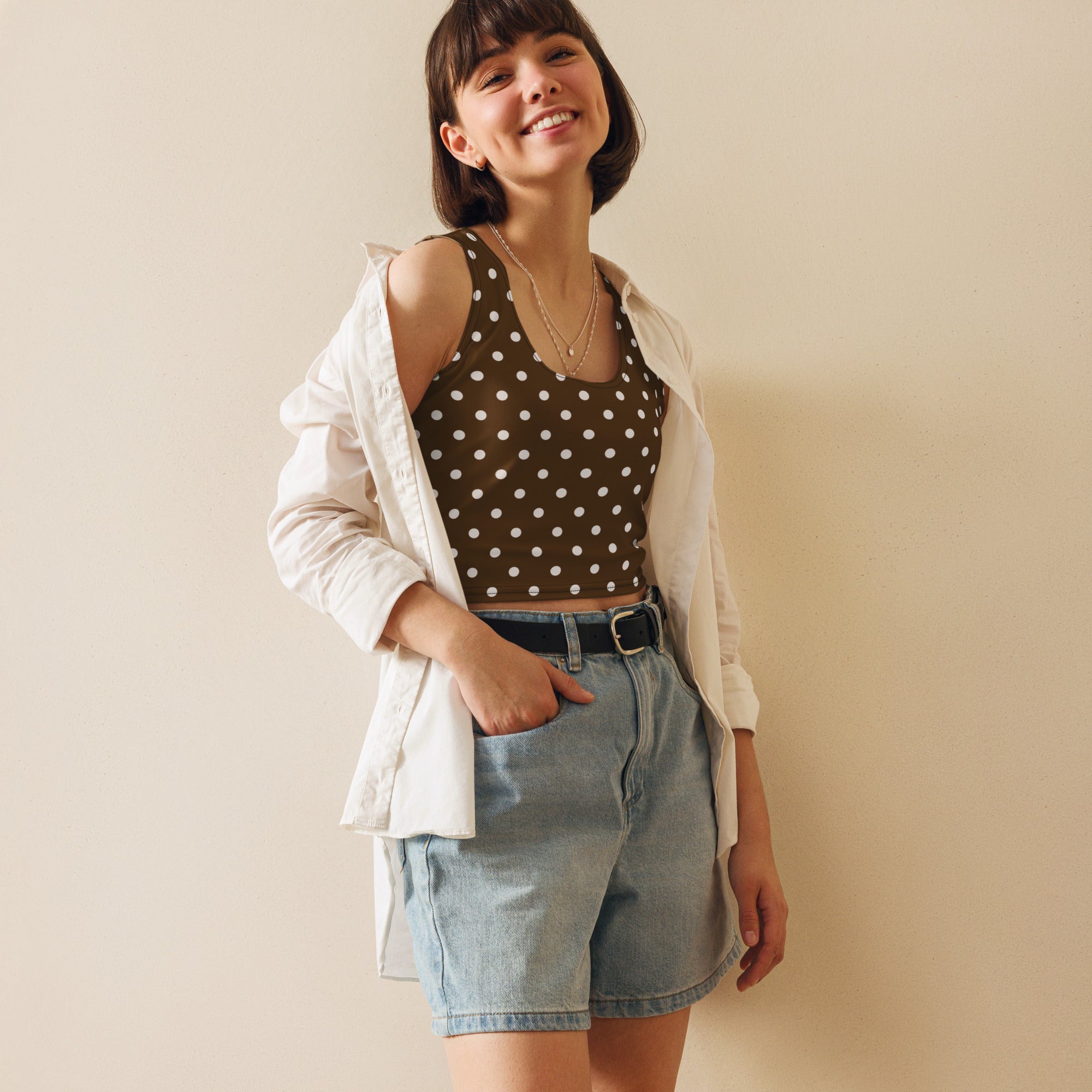 Women's Brown Polka Dot Buttery Soft Crop Top- Quick-Drying UPF 50+ Stretch Top