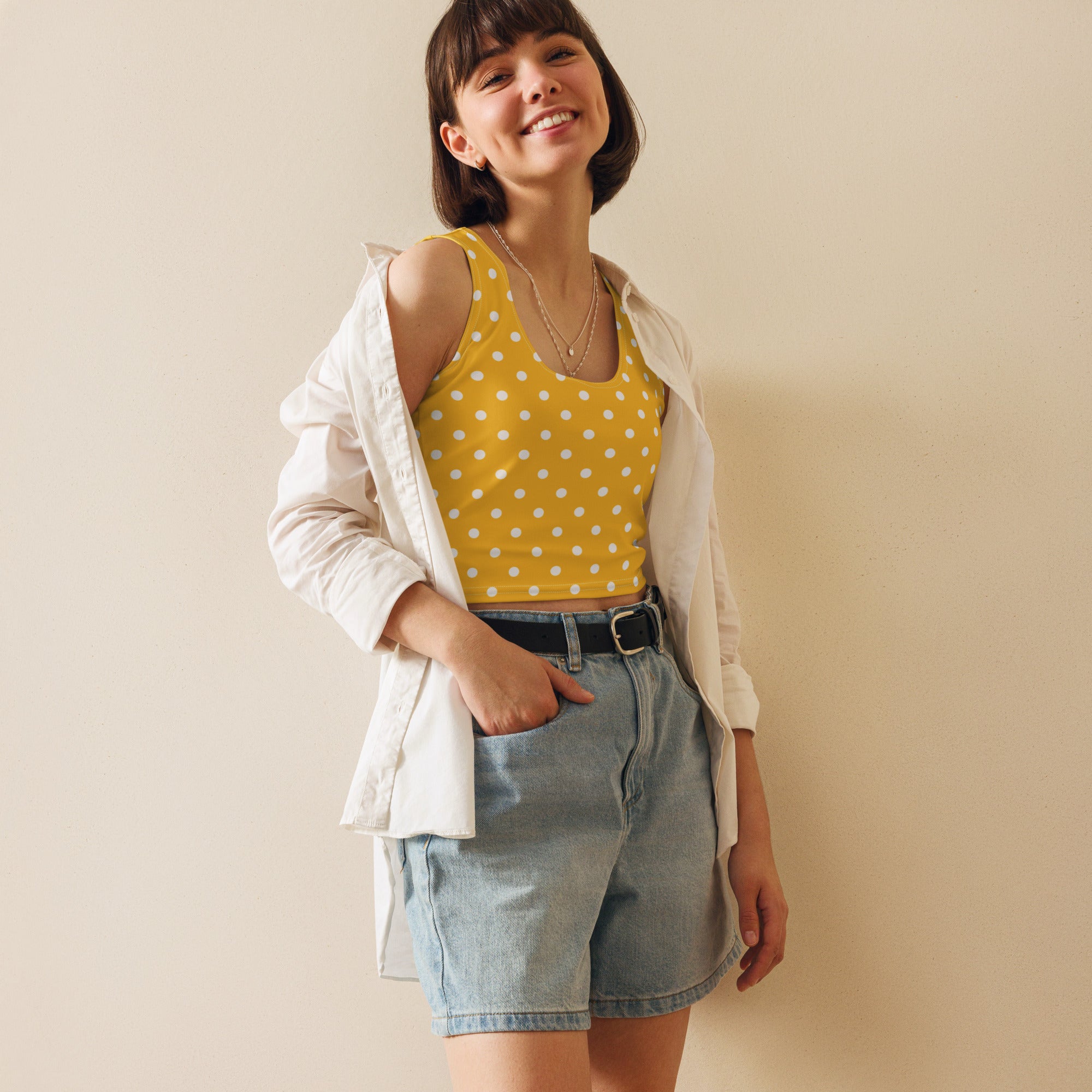 Women's Yellow Polka Dot Buttery Soft Crop Top- Quick-Drying UPF 50+ Stretch Top