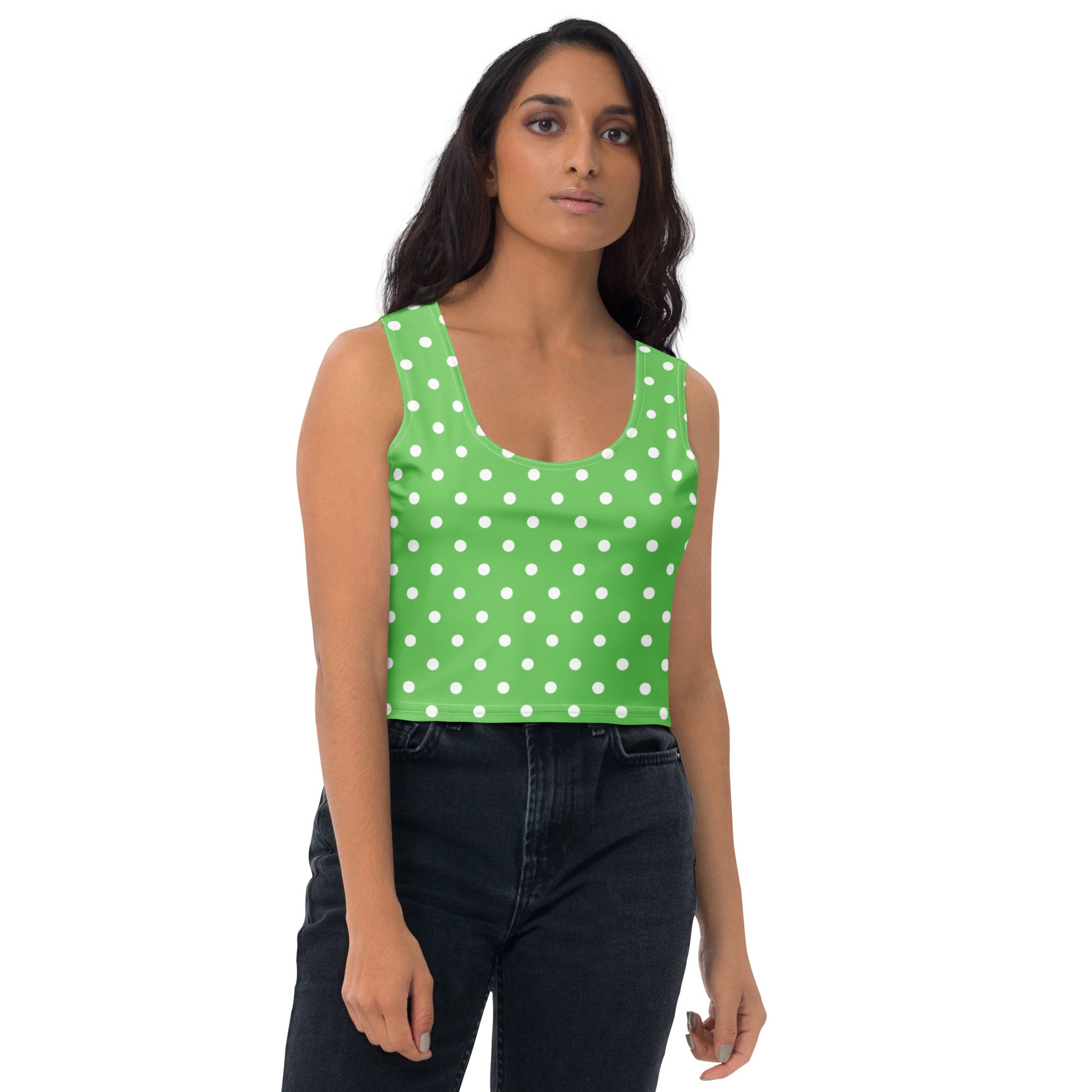 Women's Green Polka Dot Buttery Soft Crop Top- Quick-Drying UPF 50+ Stretch Top