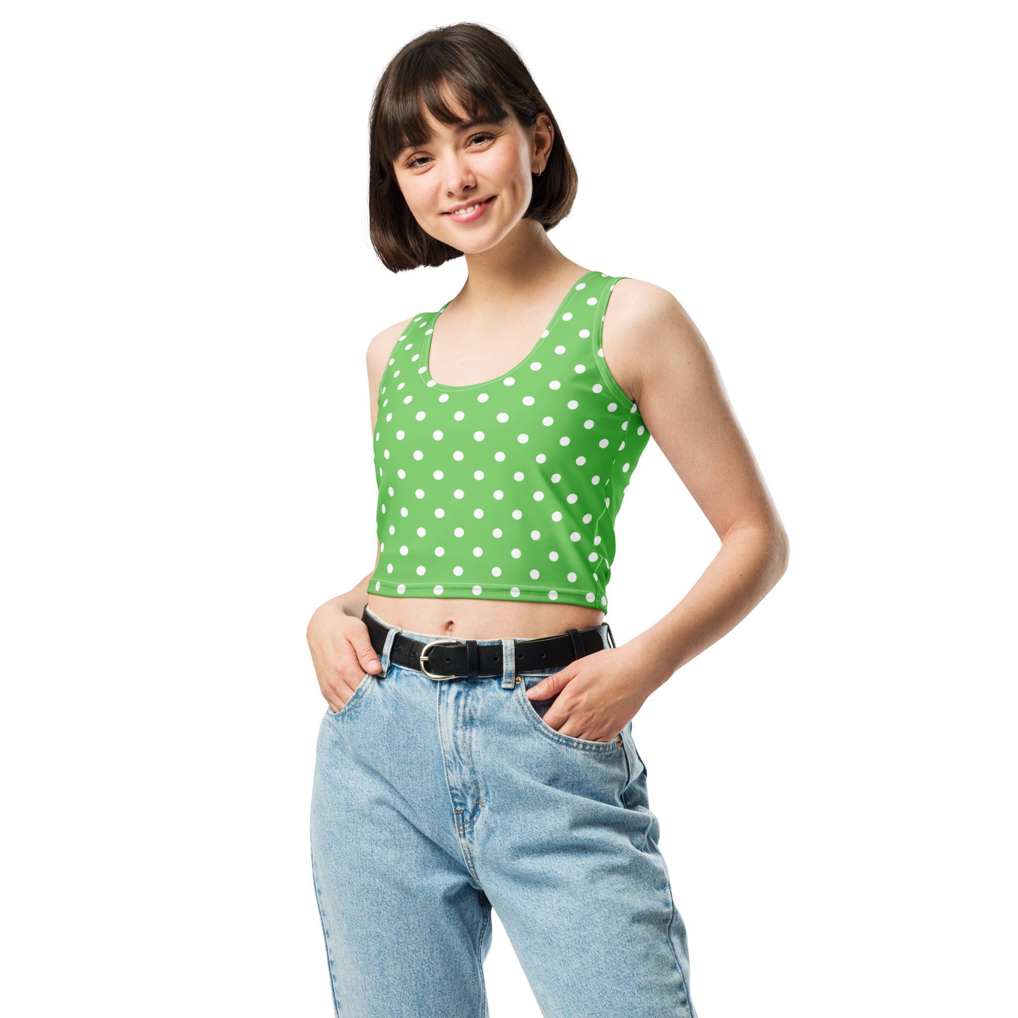 Women's Green Polka Dot Buttery Soft Crop Top- Quick-Drying UPF 50+ Stretch Top