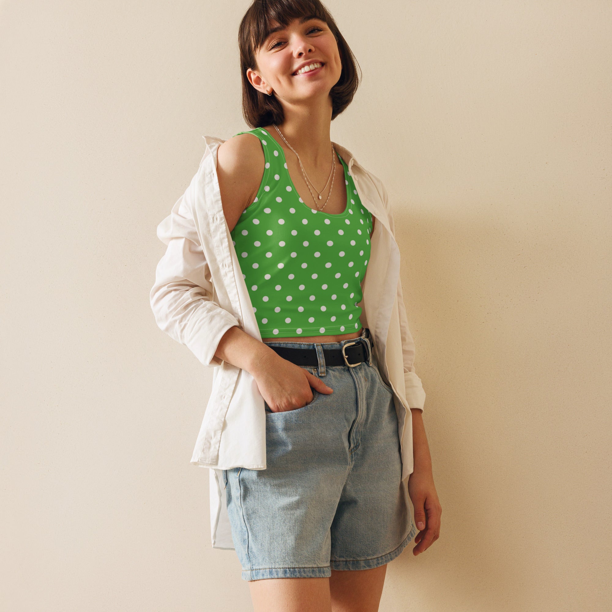Women's Green Polka Dot Buttery Soft Crop Top- Quick-Drying UPF 50+ Stretch Top