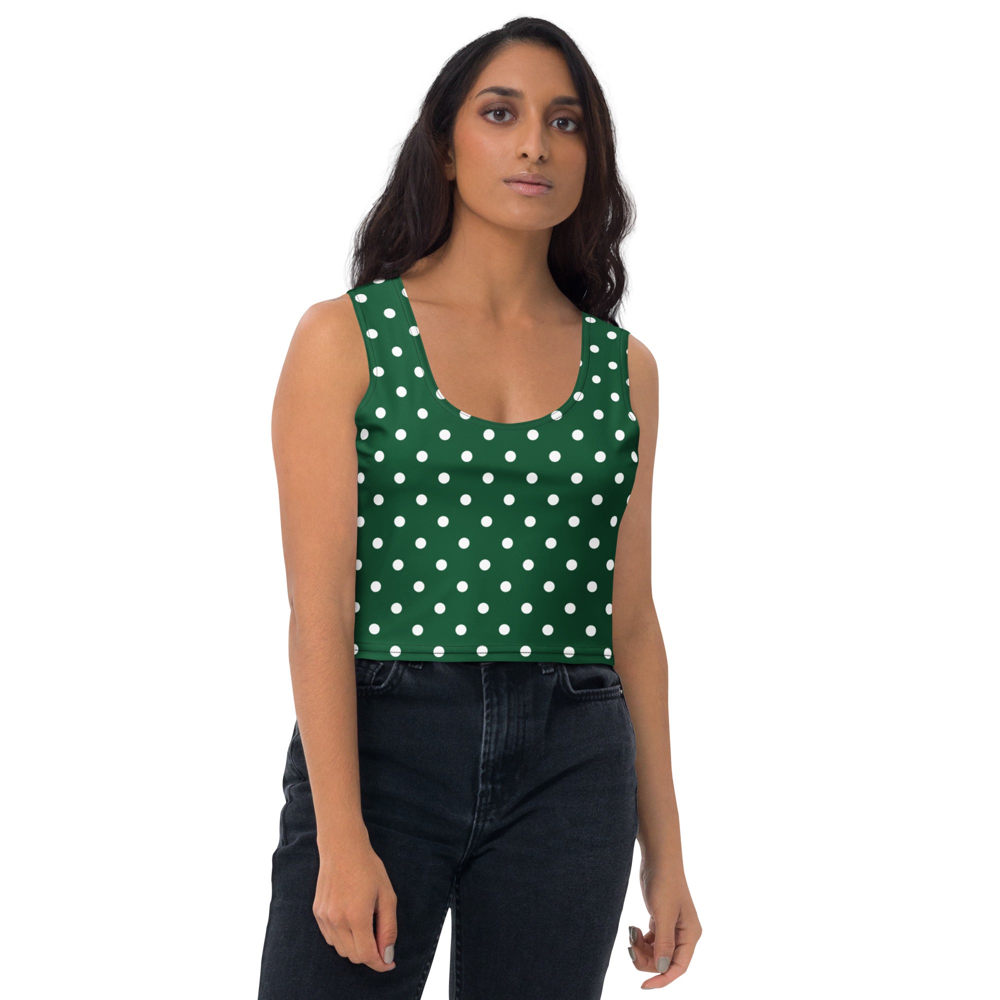 Women's Dark Green Polka Dot Buttery Soft Crop Top- Quick-Drying UPF 50+ Stretch Top