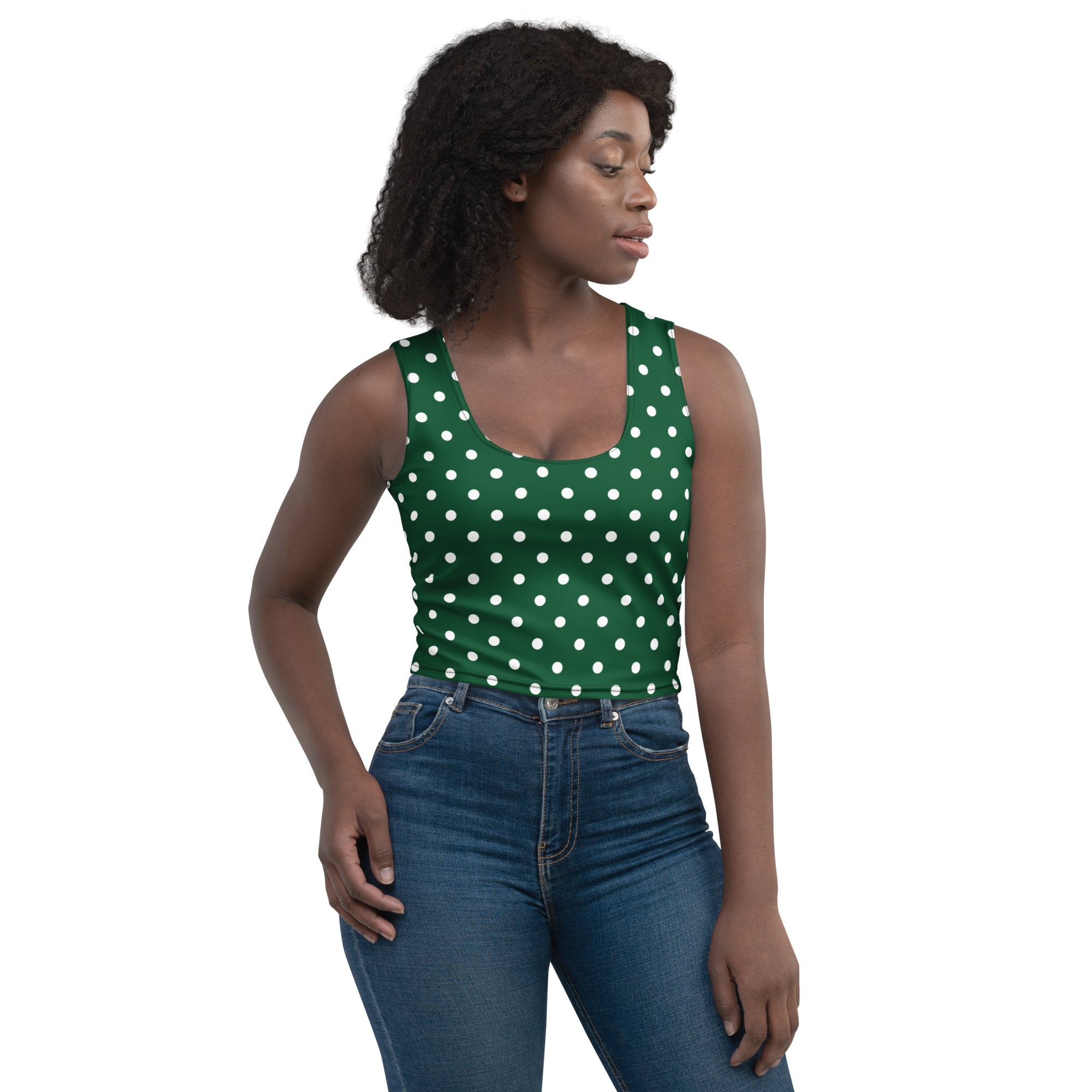 Women's Dark Green Polka Dot Buttery Soft Crop Top- Quick-Drying UPF 50+ Stretch Top