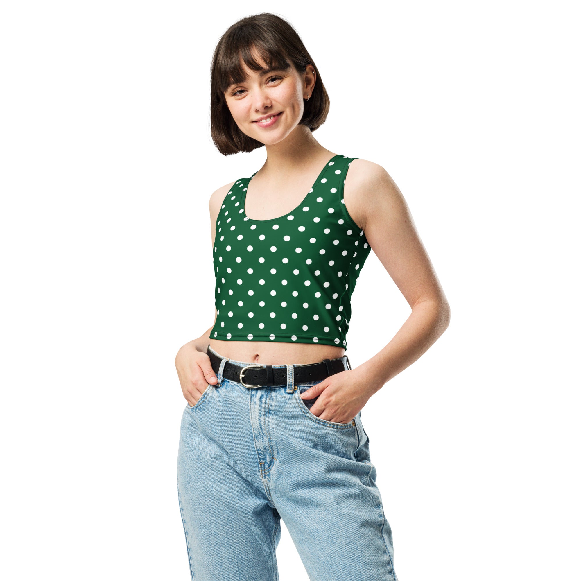 Women's Dark Green Polka Dot Buttery Soft Crop Top- Quick-Drying UPF 50+ Stretch Top