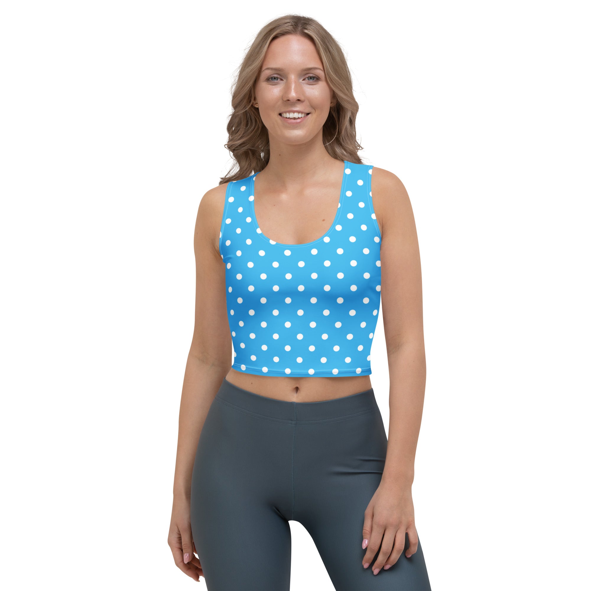 Women's Light Blue Polka Dot Buttery Soft Crop Top- Quick-Drying UPF 50+ Stretch Top