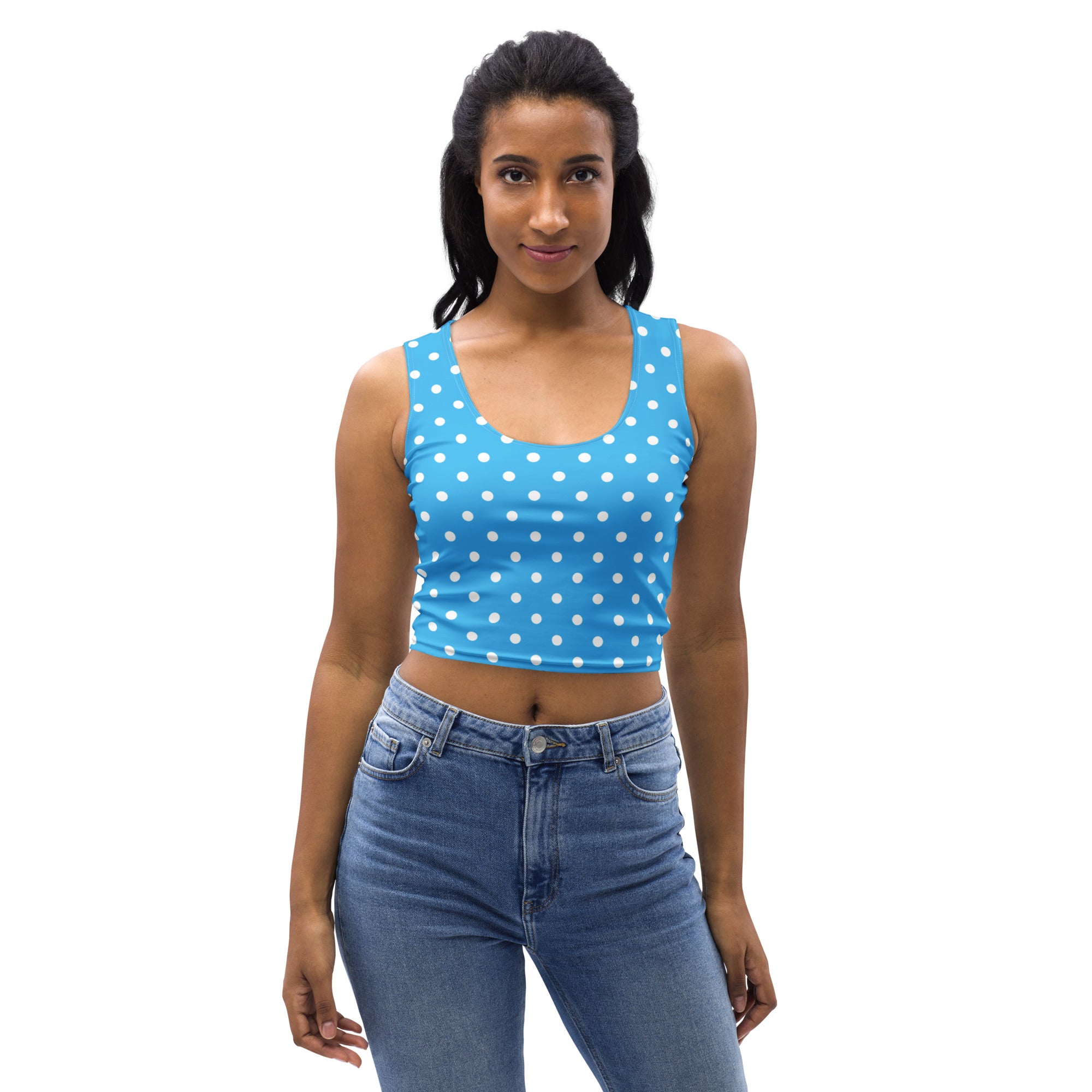 Women's Light Blue Polka Dot Buttery Soft Crop Top- Quick-Drying UPF 50+ Stretch Top