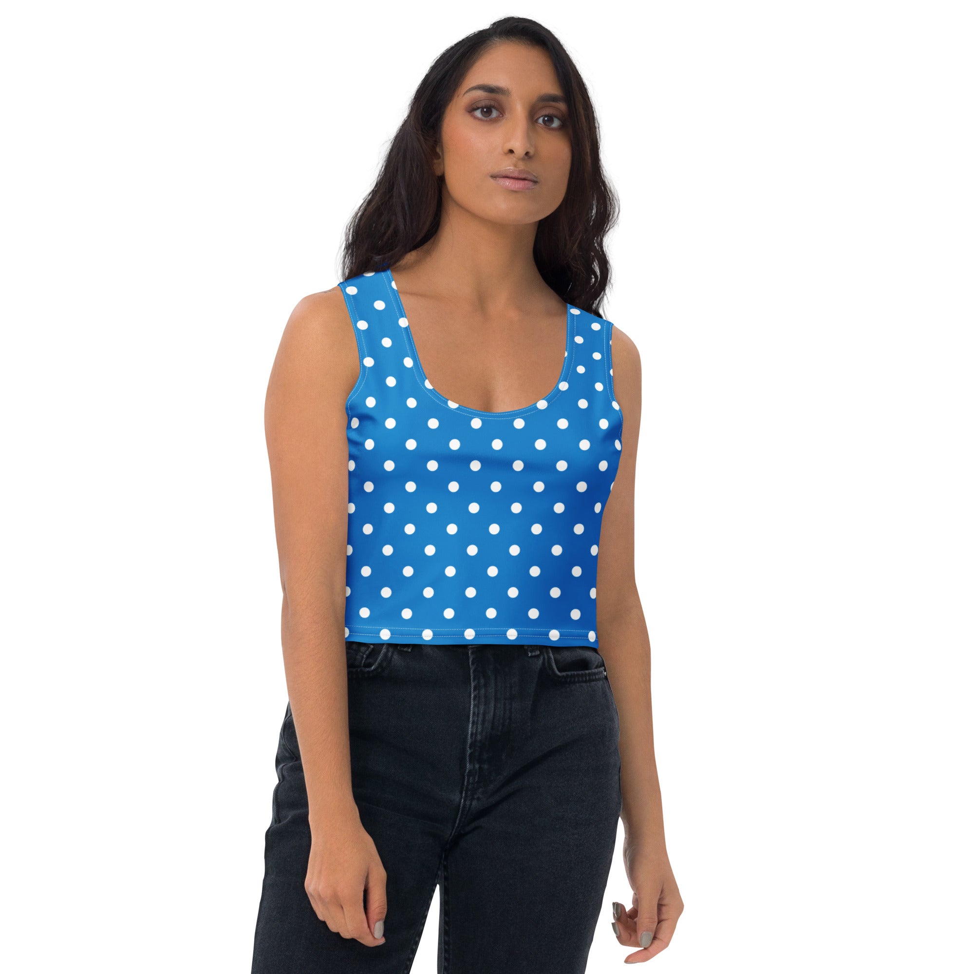 Women's Royal Blue Polka Dot Buttery Soft Crop Top- Quick-Drying UPF 50+ Stretch Top