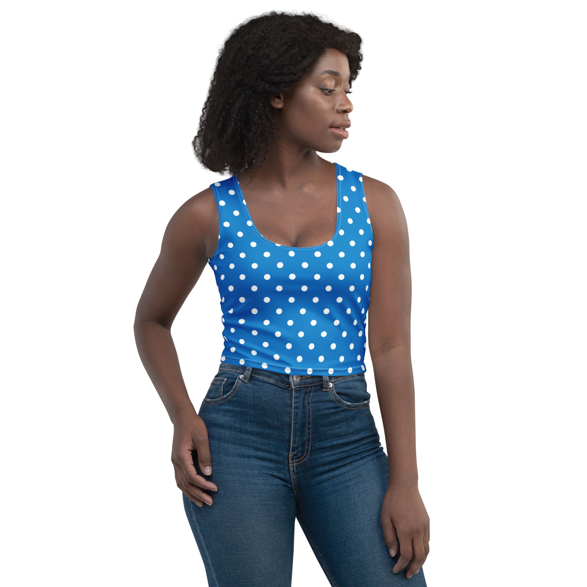 Women's Royal Blue Polka Dot Buttery Soft Crop Top- Quick-Drying UPF 50+ Stretch Top