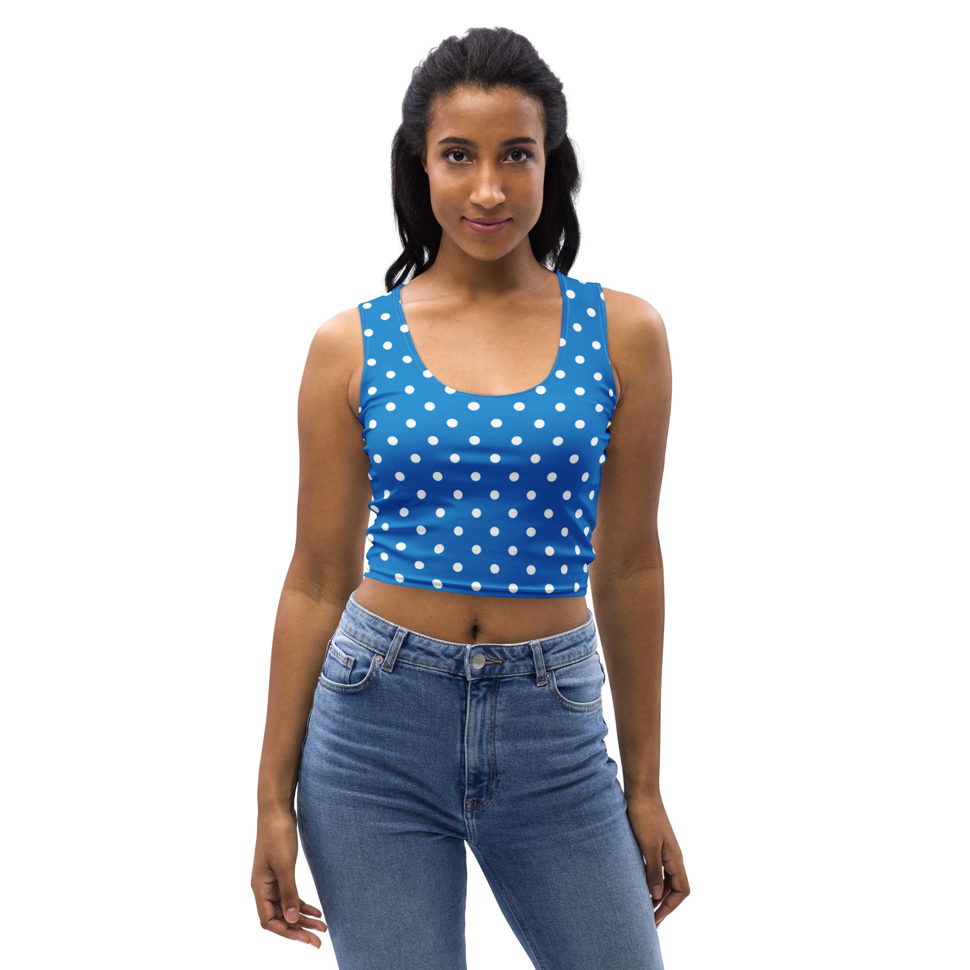 Women's Royal Blue Polka Dot Buttery Soft Crop Top- Quick-Drying UPF 50+ Stretch Top