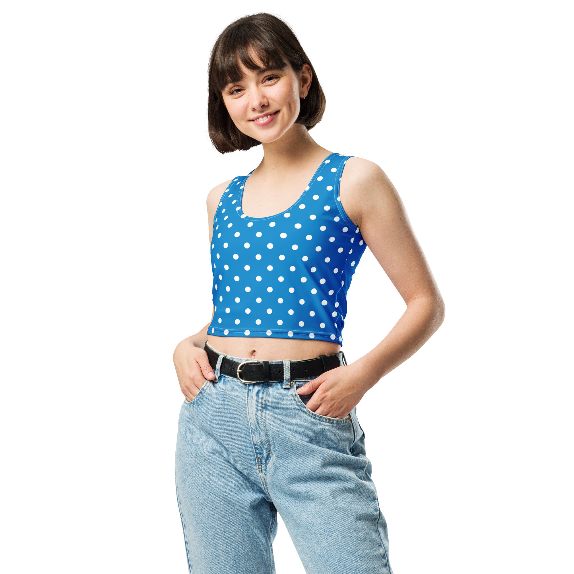 Women's Royal Blue Polka Dot Buttery Soft Crop Top- Quick-Drying UPF 50+ Stretch Top