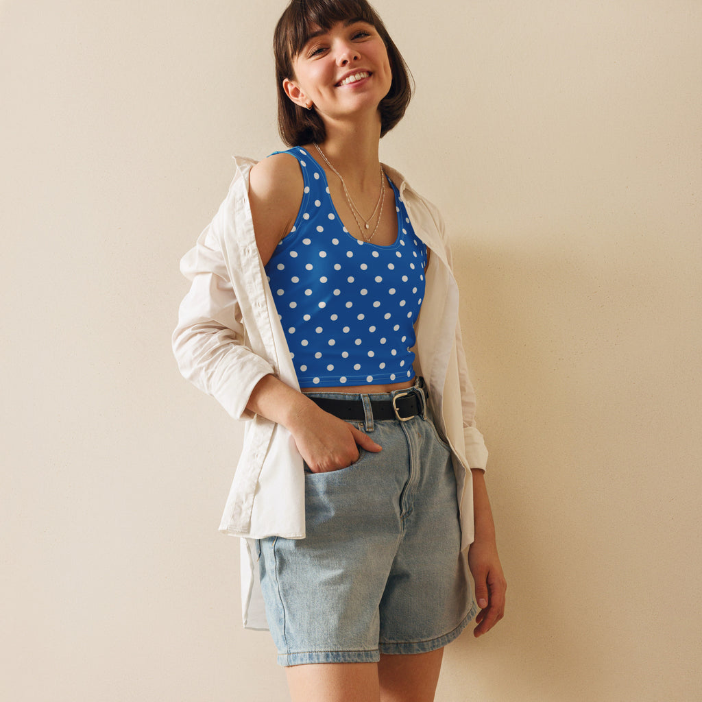 Women's Royal Blue Polka Dot Buttery Soft Crop Top- Quick-Drying UPF 50+ Stretch Top