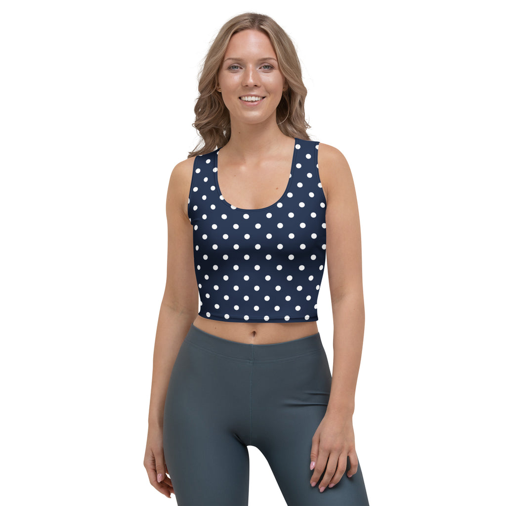 Women's Navy Blue Polka Dot Buttery Soft Crop Top- Quick-Drying UPF 50+ Stretch Top