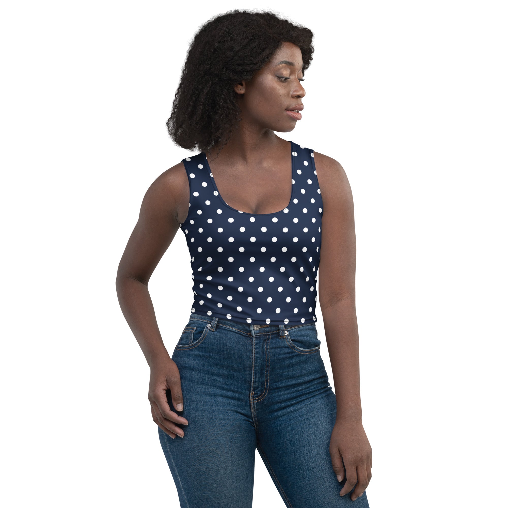 Women's Navy Blue Polka Dot Buttery Soft Crop Top- Quick-Drying UPF 50+ Stretch Top