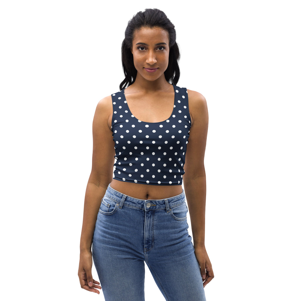 Women's Navy Blue Polka Dot Buttery Soft Crop Top- Quick-Drying UPF 50+ Stretch Top