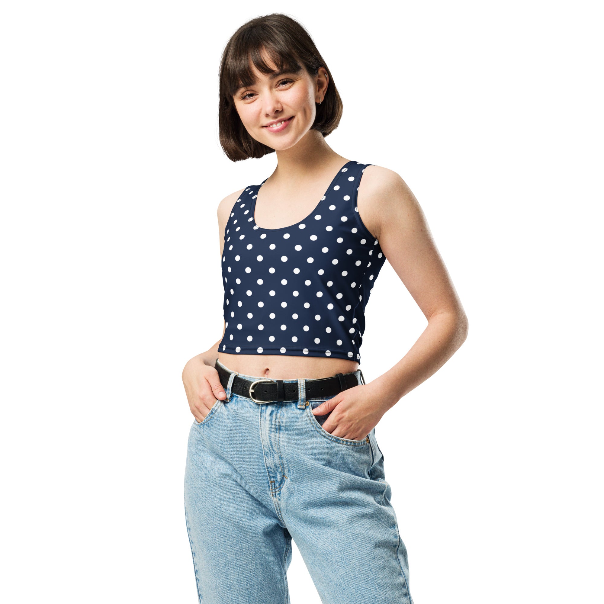 Women's Navy Blue Polka Dot Buttery Soft Crop Top- Quick-Drying UPF 50+ Stretch Top