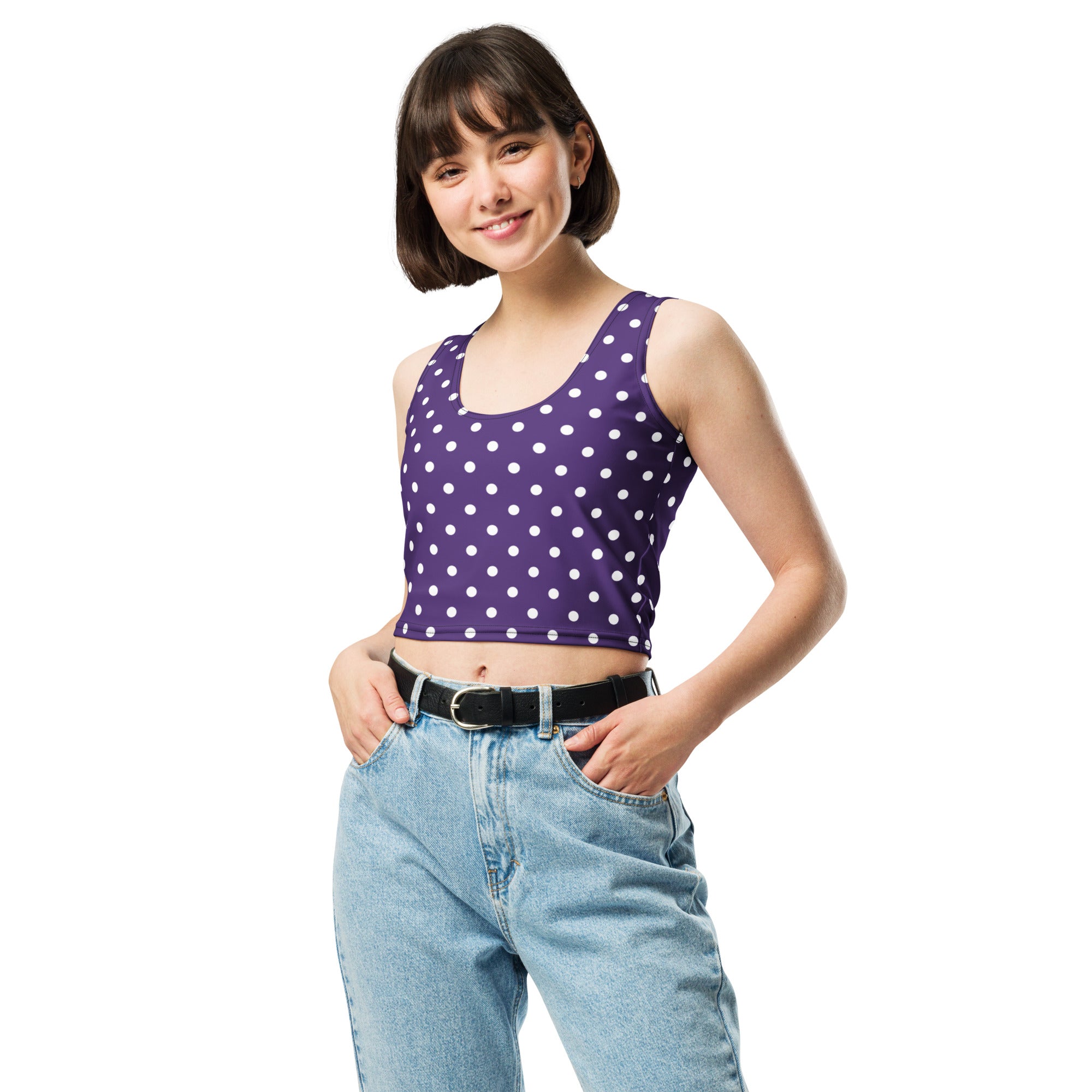Women's Dark Purple Polka Dot Buttery Soft Crop Top- Quick-Drying UPF 50+ Stretch Top