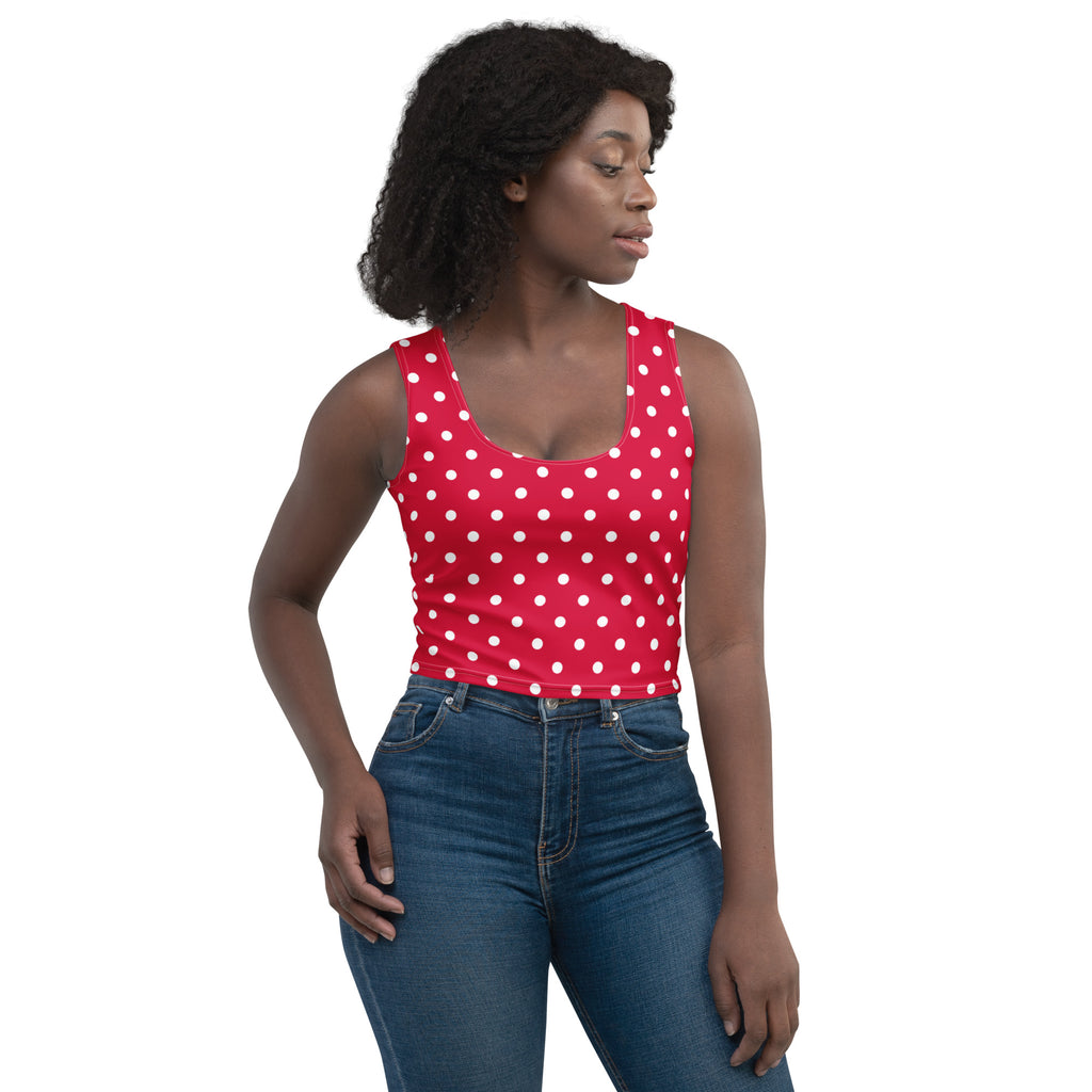 Women's Crimson Red Polka Dot Buttery Soft Crop Top- Quick-Drying UPF 50+ Stretch Top