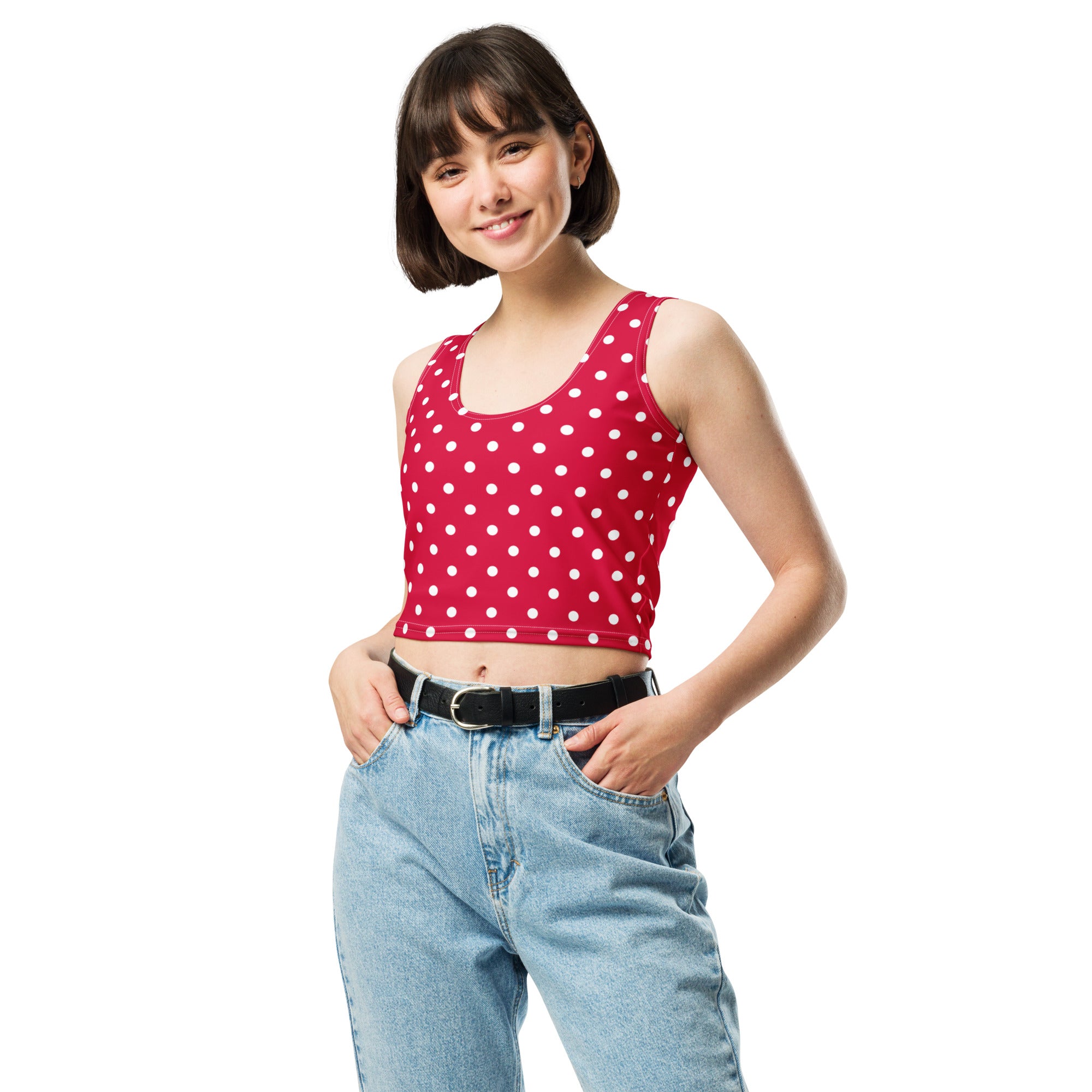 Women's Crimson Red Polka Dot Buttery Soft Crop Top- Quick-Drying UPF 50+ Stretch Top