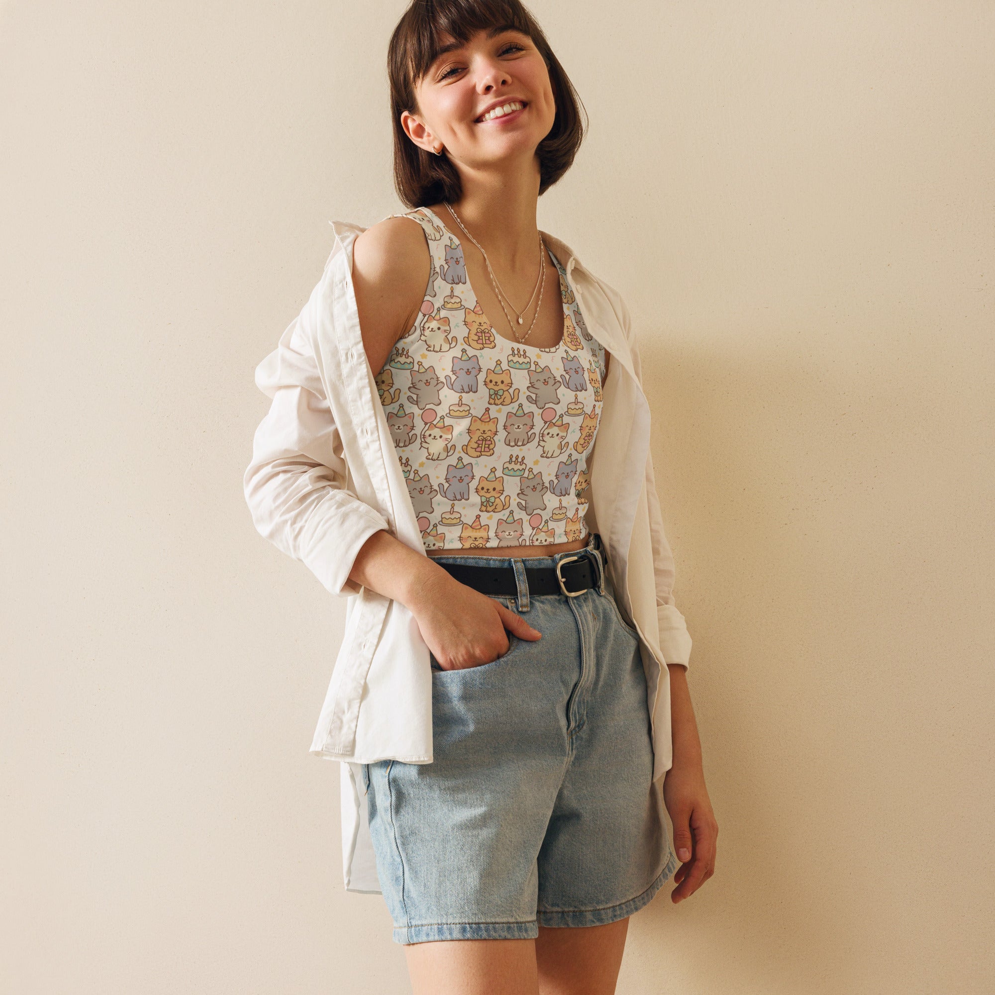 Women's Cat Birthday Buttery Soft Crop Top- Quick-Drying UPF 50+ Stretch Top