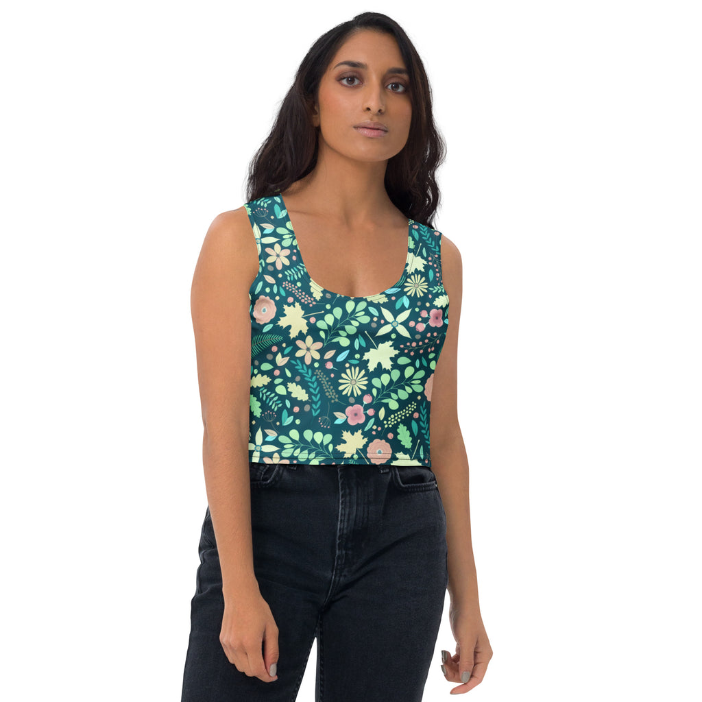 Women's Dark Green Floral Buttery Soft Crop Top- Quick-Drying UPF 50+ Stretch Top