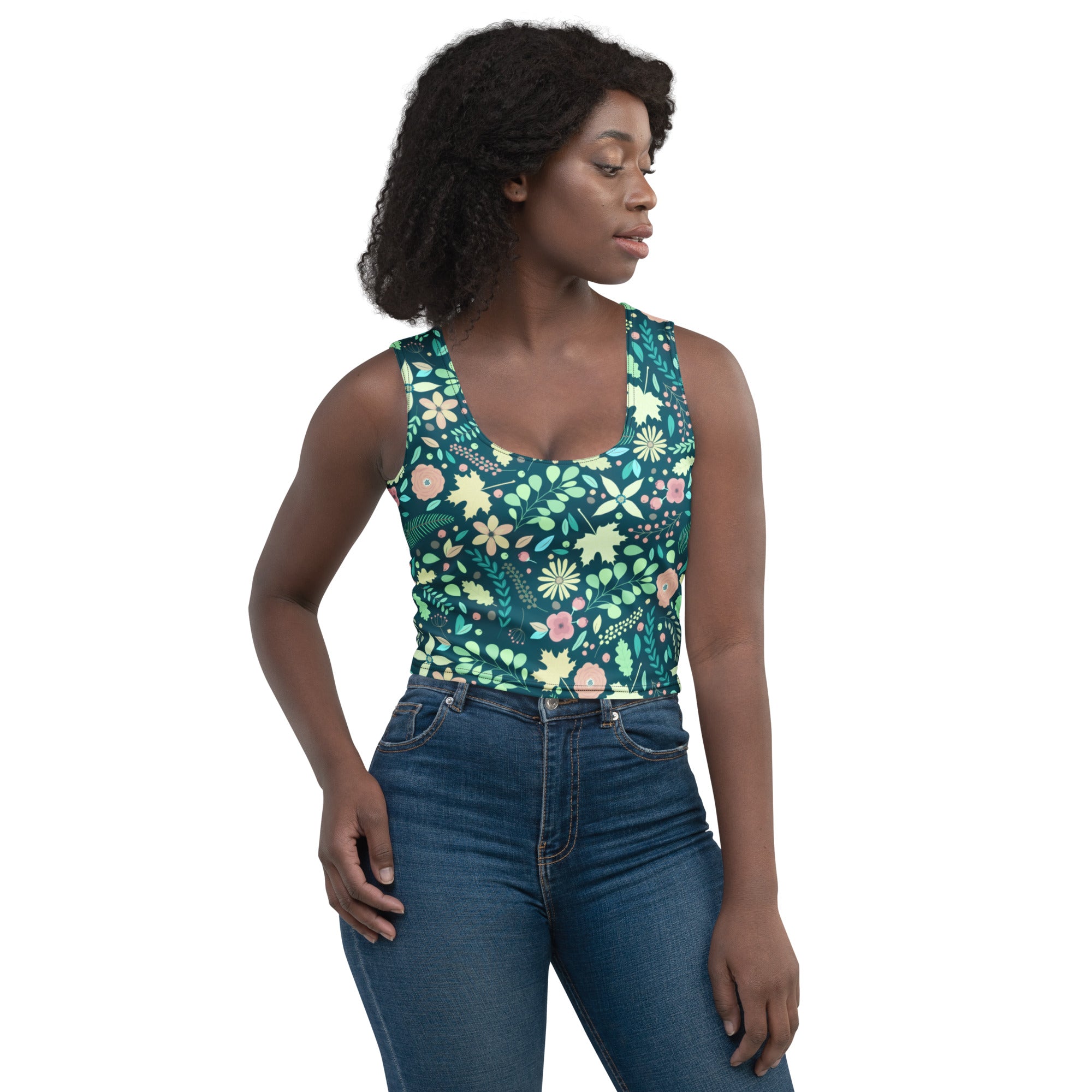 Women's Dark Green Floral Buttery Soft Crop Top- Quick-Drying UPF 50+ Stretch Top