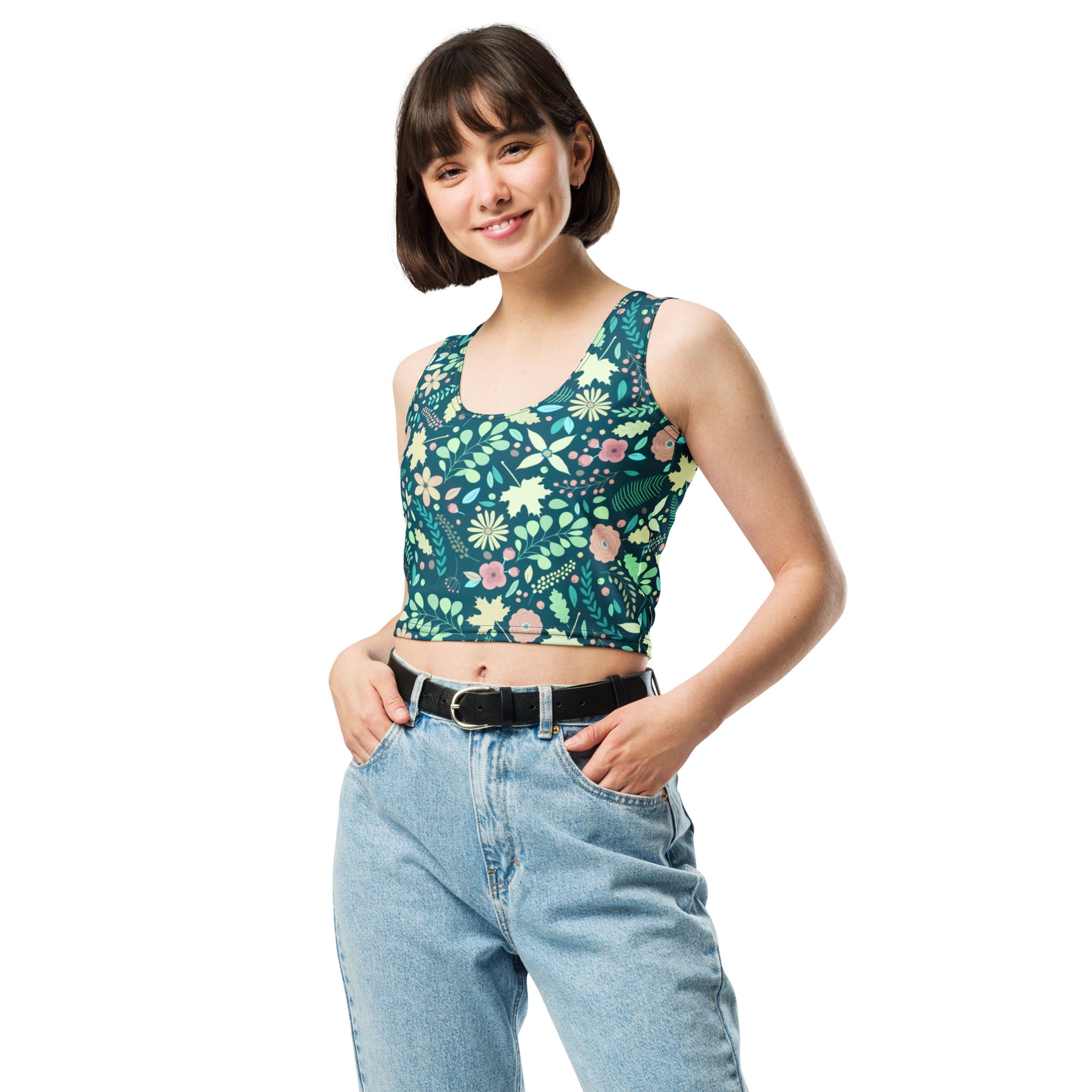 Women's Dark Green Floral Buttery Soft Crop Top- Quick-Drying UPF 50+ Stretch Top