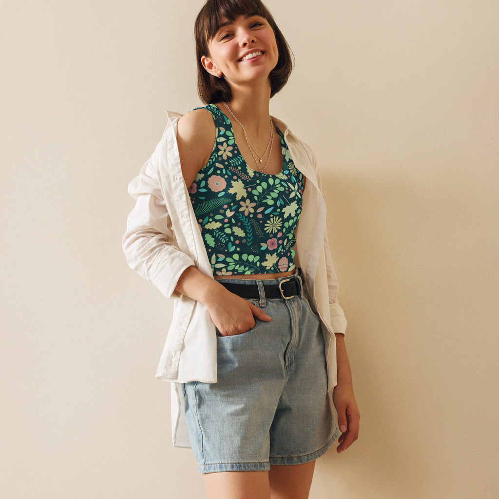 Women's Dark Green Floral Buttery Soft Crop Top- Quick-Drying UPF 50+ Stretch Top