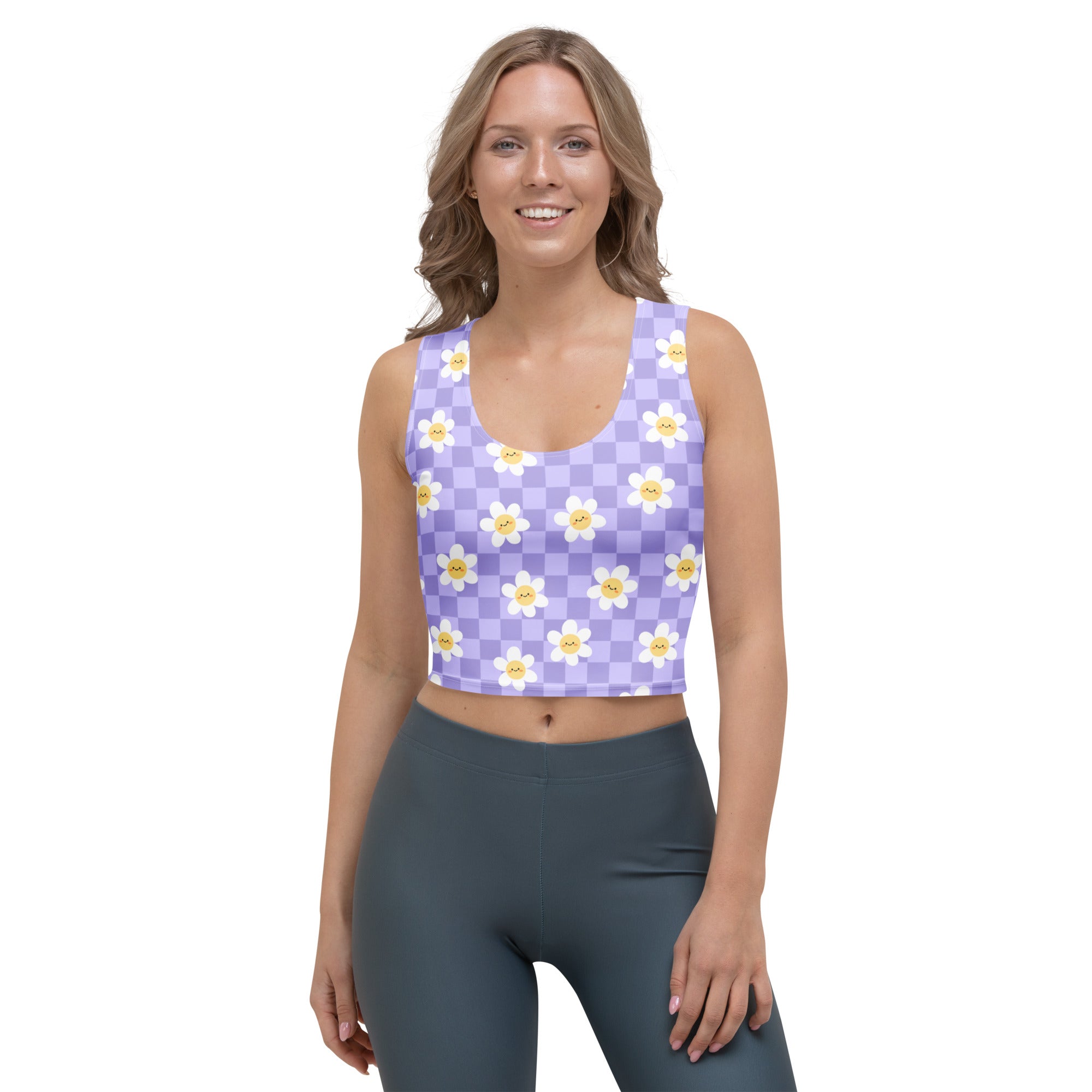 Women's Checkered Lavender Daisy Buttery Soft Crop Top- Quick-Drying UPF 50+ Stretch Top