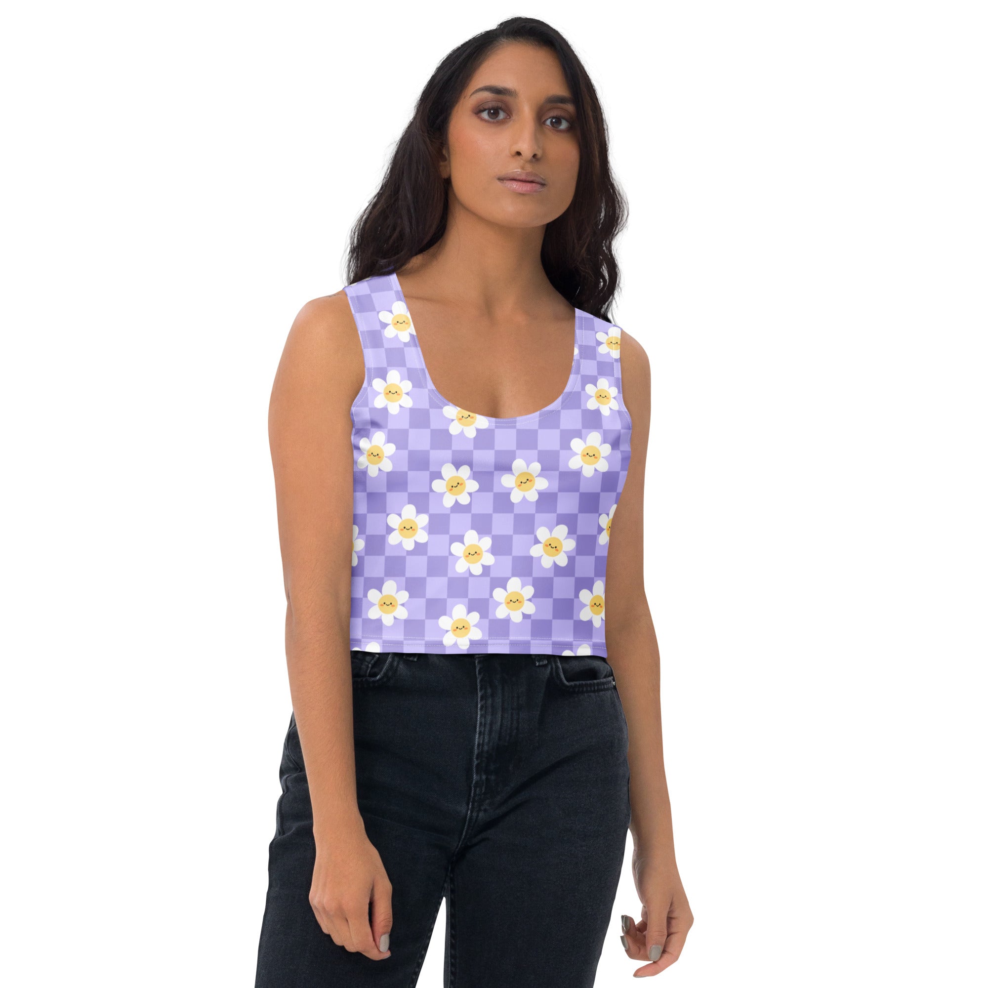 Women's Checkered Lavender Daisy Buttery Soft Crop Top- Quick-Drying UPF 50+ Stretch Top