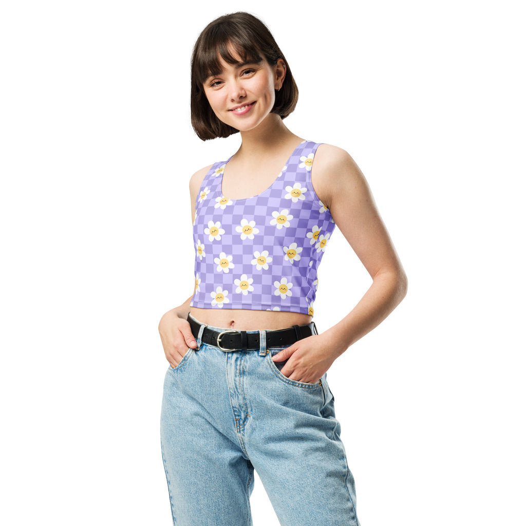 Women's Checkered Lavender Daisy Buttery Soft Crop Top- Quick-Drying UPF 50+ Stretch Top
