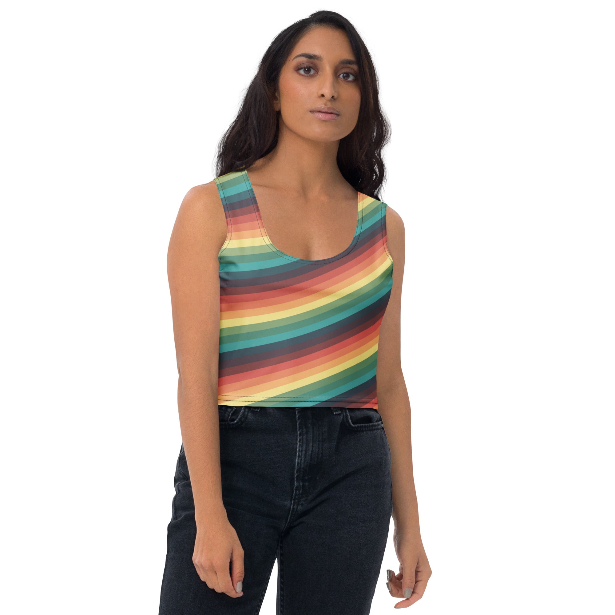 Women's Vintage Rainbow Stripe Buttery Soft Crop Top- Quick-Drying UPF 50+ Stretch Top