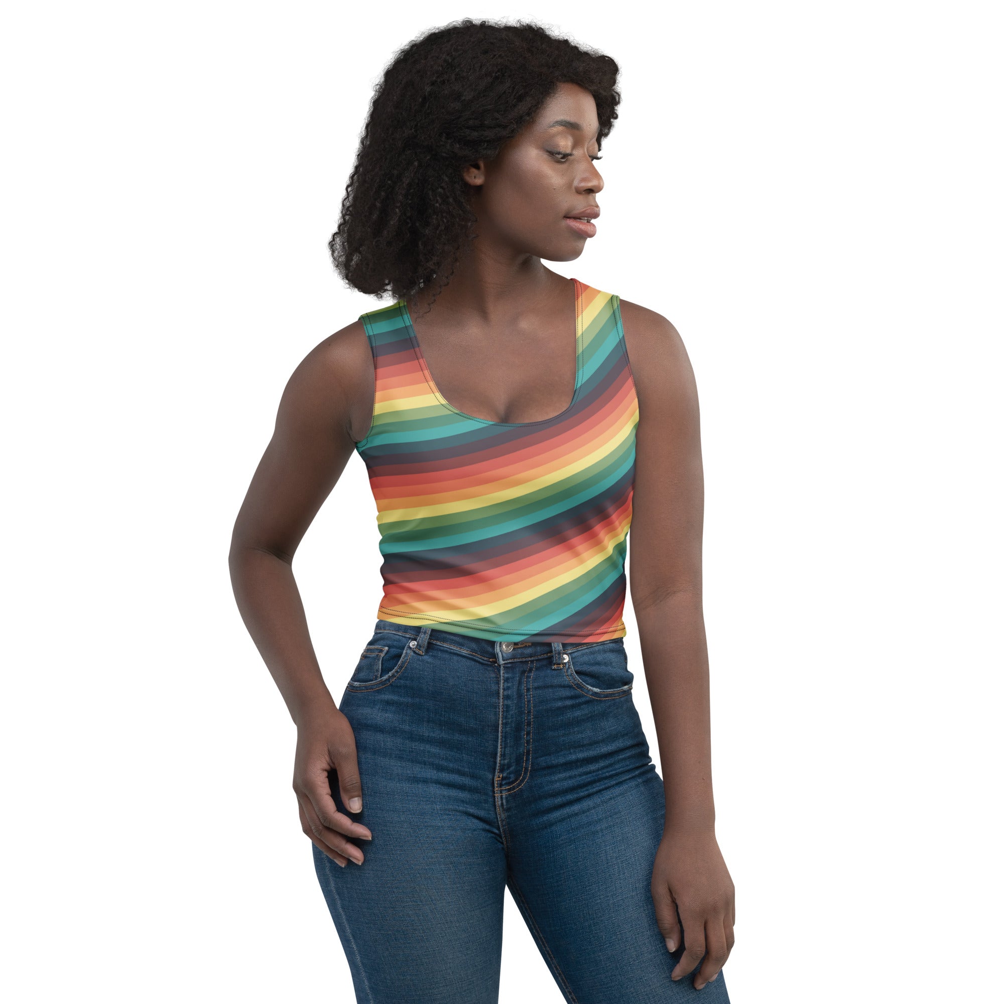 Women's Vintage Rainbow Stripe Buttery Soft Crop Top- Quick-Drying UPF 50+ Stretch Top