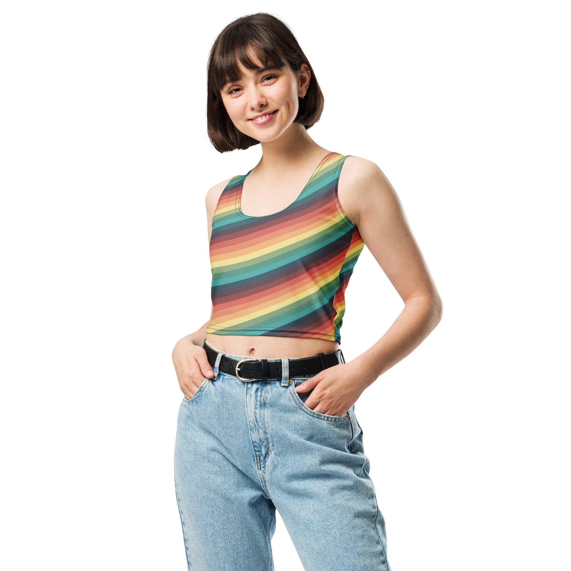 Women's Vintage Rainbow Stripe Buttery Soft Crop Top- Quick-Drying UPF 50+ Stretch Top