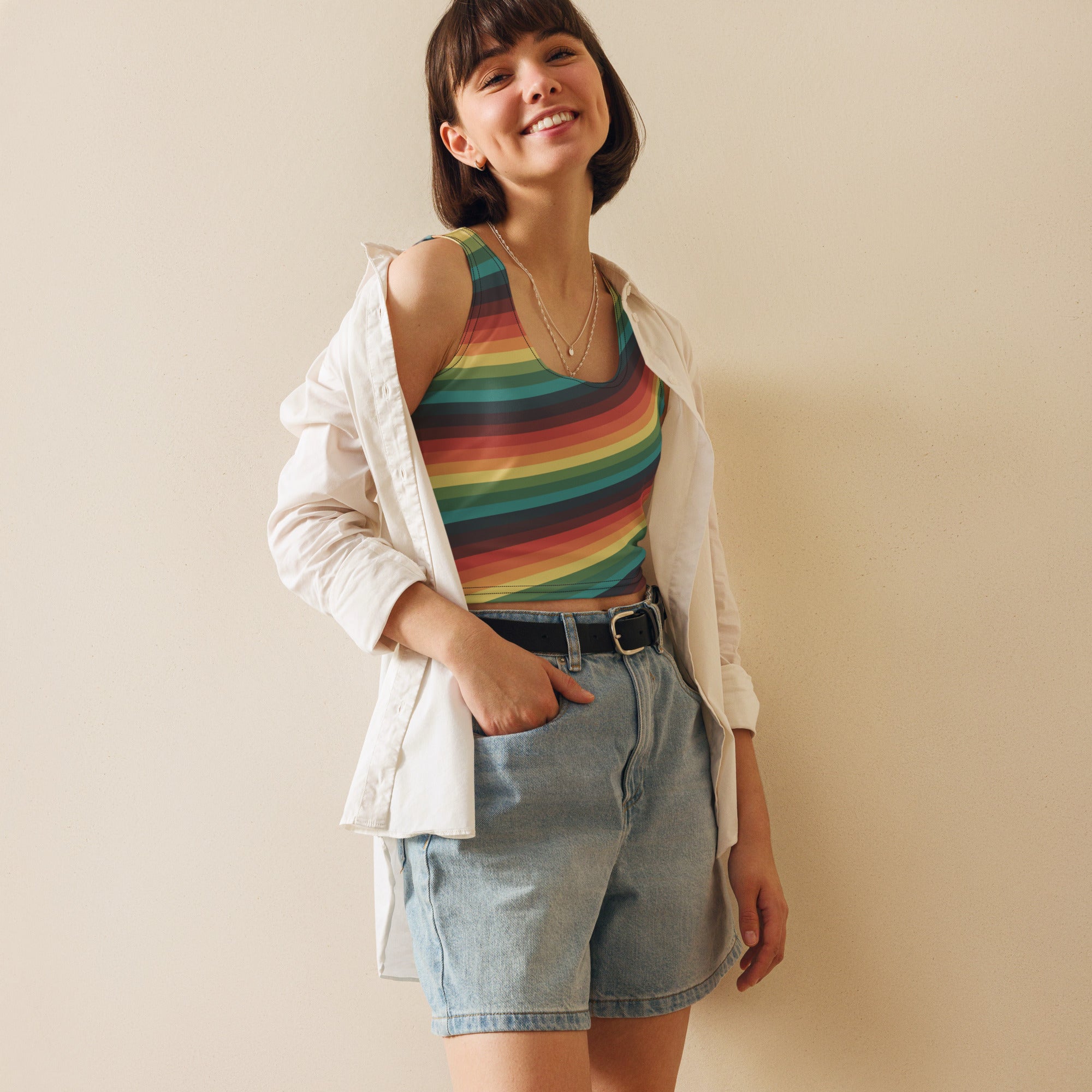 Women's Vintage Rainbow Stripe Buttery Soft Crop Top- Quick-Drying UPF 50+ Stretch Top