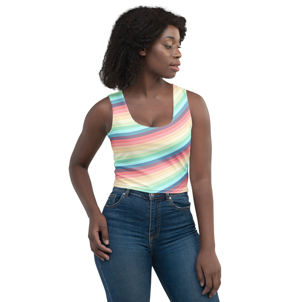 Women's Pastel Beach Rainbow Stripe Buttery Soft Crop Top- Quick-Drying UPF 50+ Stretch Top