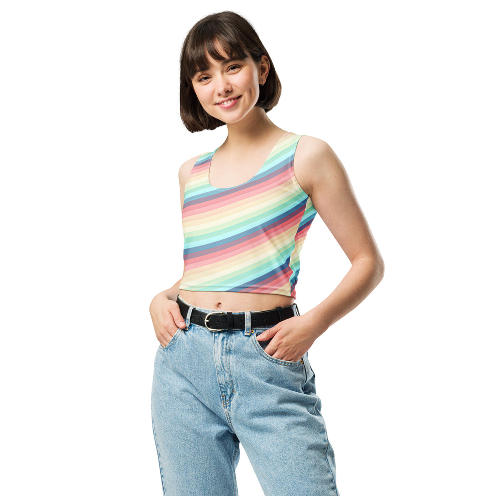 Women's Pastel Beach Rainbow Stripe Buttery Soft Crop Top- Quick-Drying UPF 50+ Stretch Top