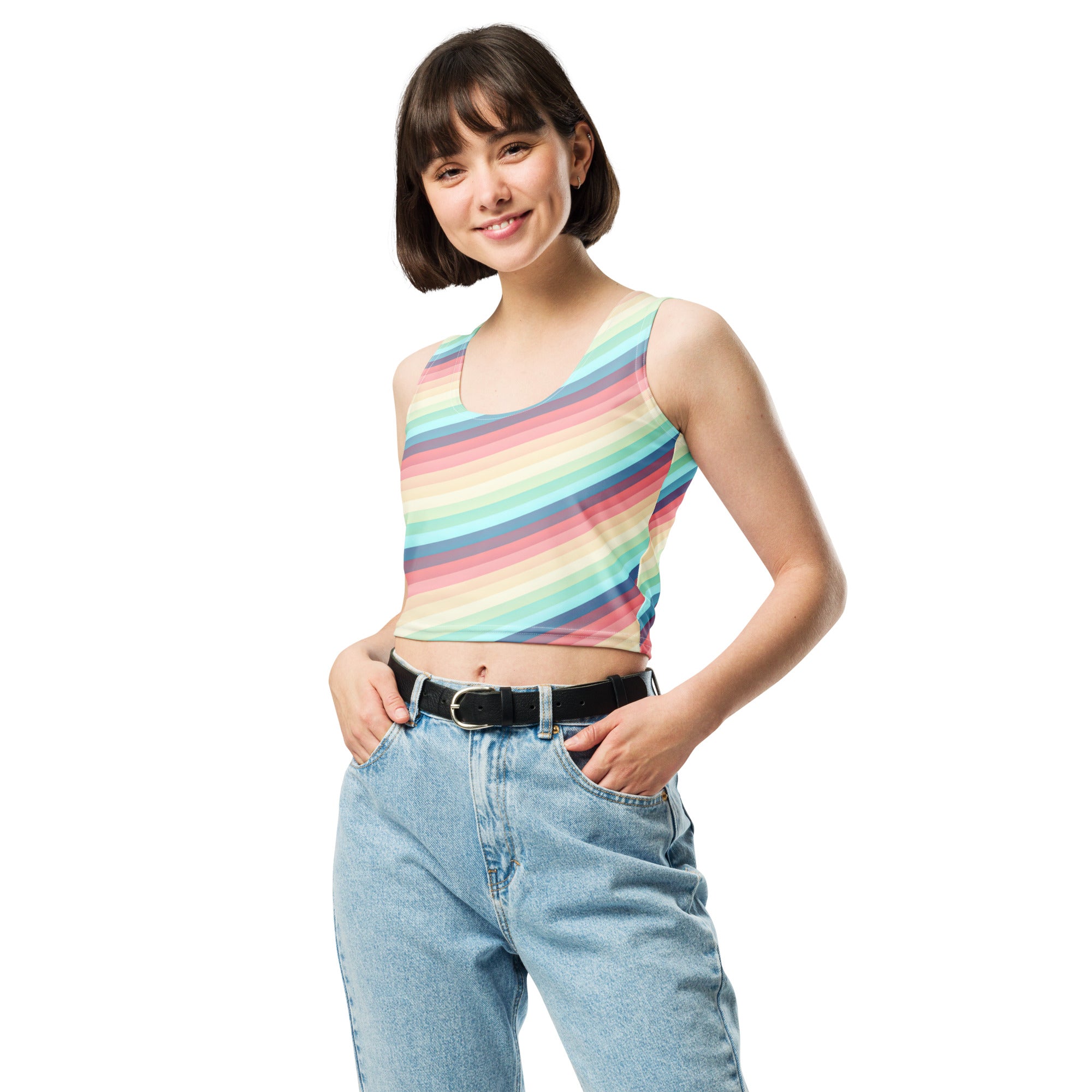 Women's Pastel Beach Rainbow Stripe Buttery Soft Crop Top- Quick-Drying UPF 50+ Stretch Top