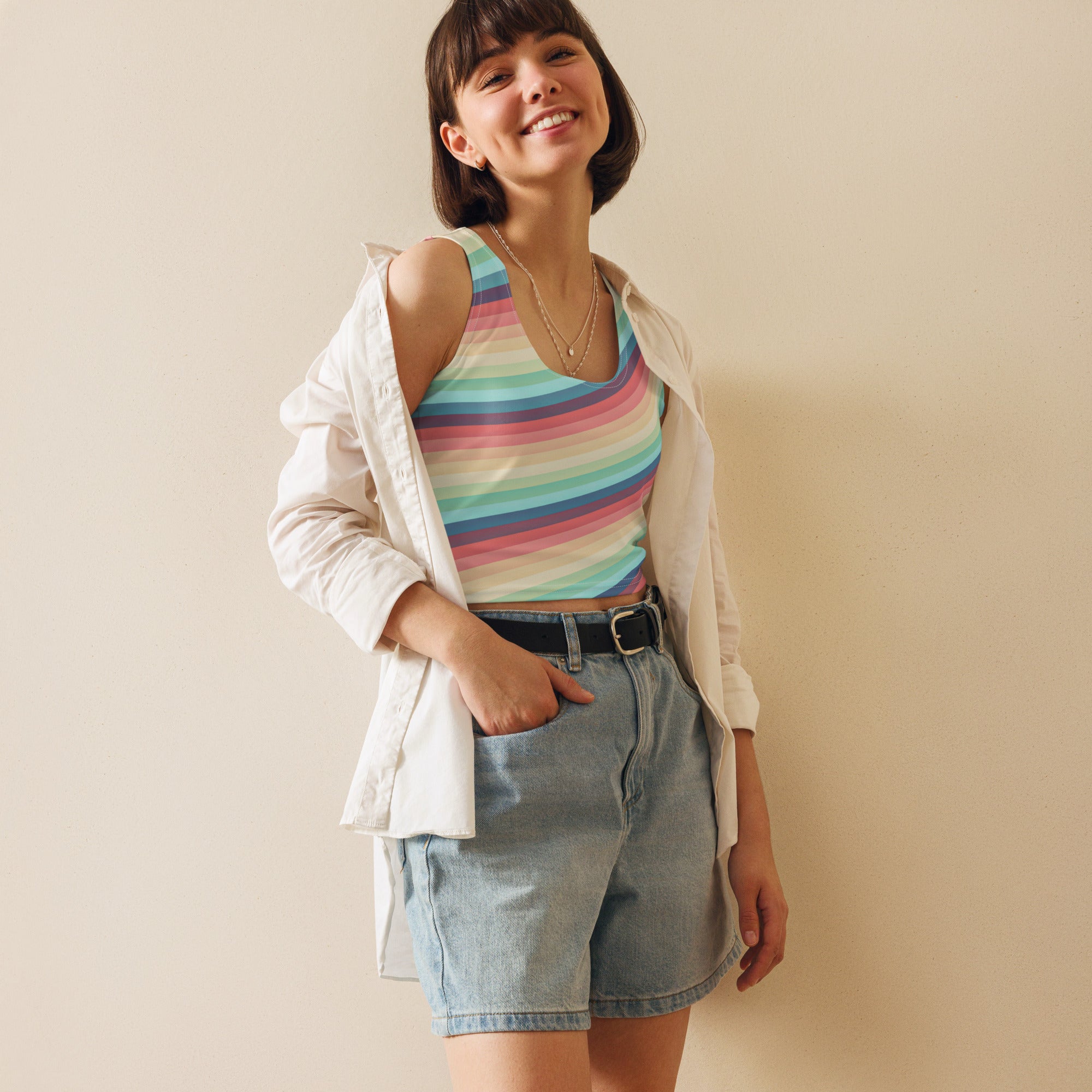 Women's Pastel Beach Rainbow Stripe Buttery Soft Crop Top- Quick-Drying UPF 50+ Stretch Top