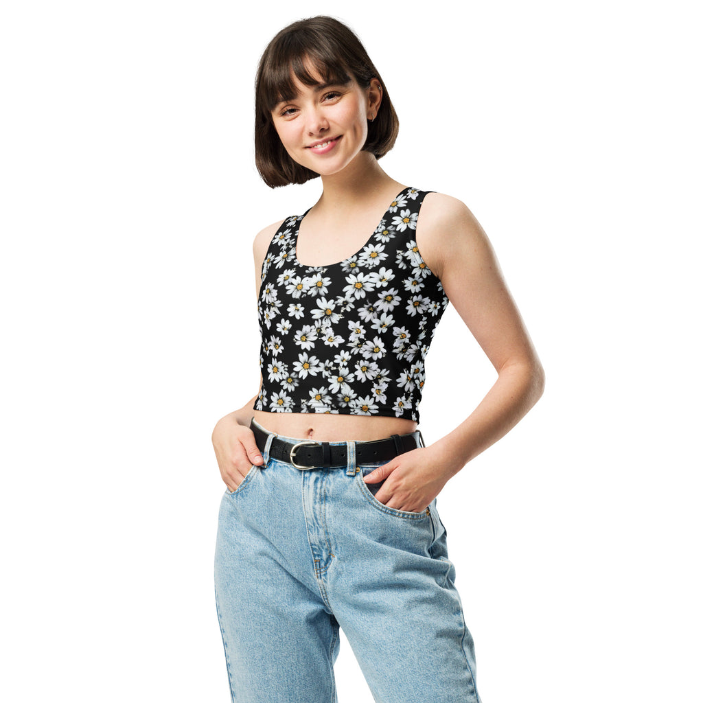 Women's Black Daisy Buttery Soft Crop Top- Quick-Drying UPF 50+ Stretch Top