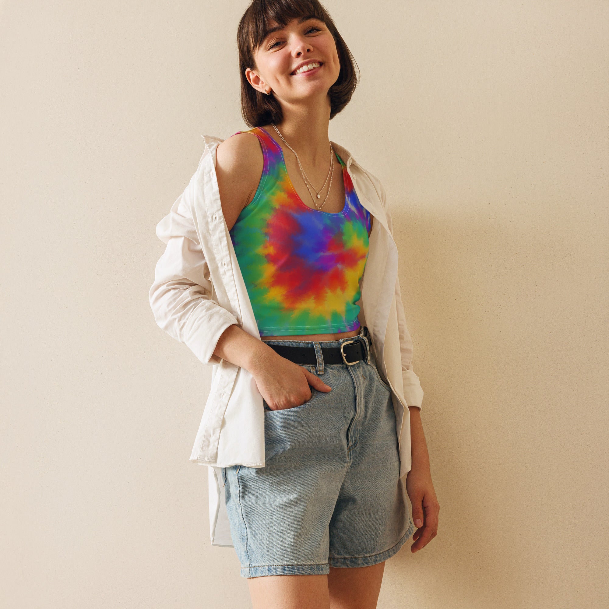 Women's Bright Watercolor Tie Dye Buttery Soft Crop Top- Quick-Drying UPF 50+ Stretch Top
