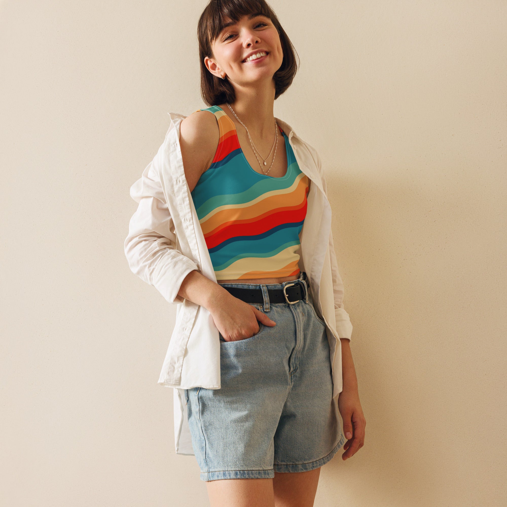 Women's Bright Retro Wave Buttery Soft Crop Top- Quick-Drying UPF 50+ Stretch Top