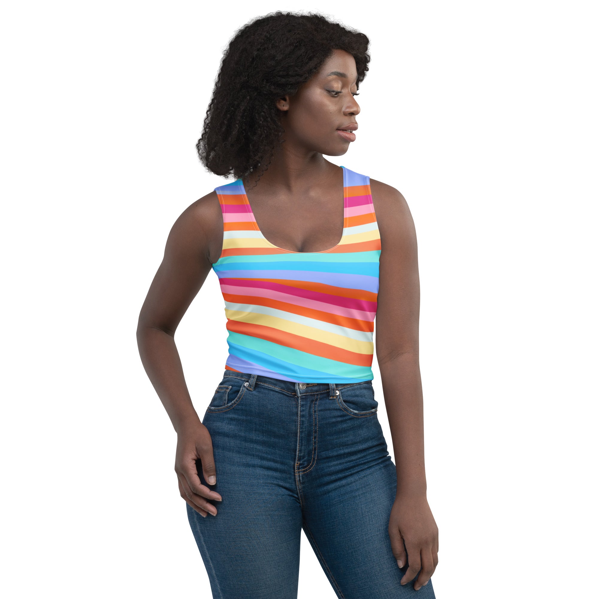 Women's Beach Rainbow Stripe Buttery Soft Crop Top- Quick-Drying UPF 50+ Stretch Top