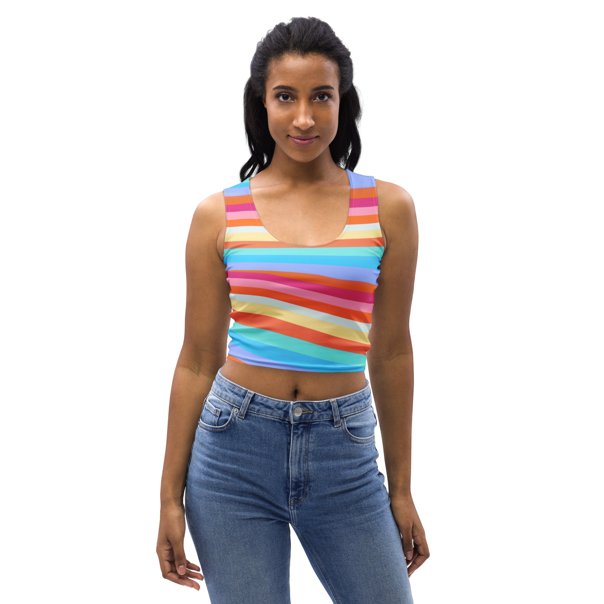 Women's Beach Rainbow Stripe Buttery Soft Crop Top- Quick-Drying UPF 50+ Stretch Top