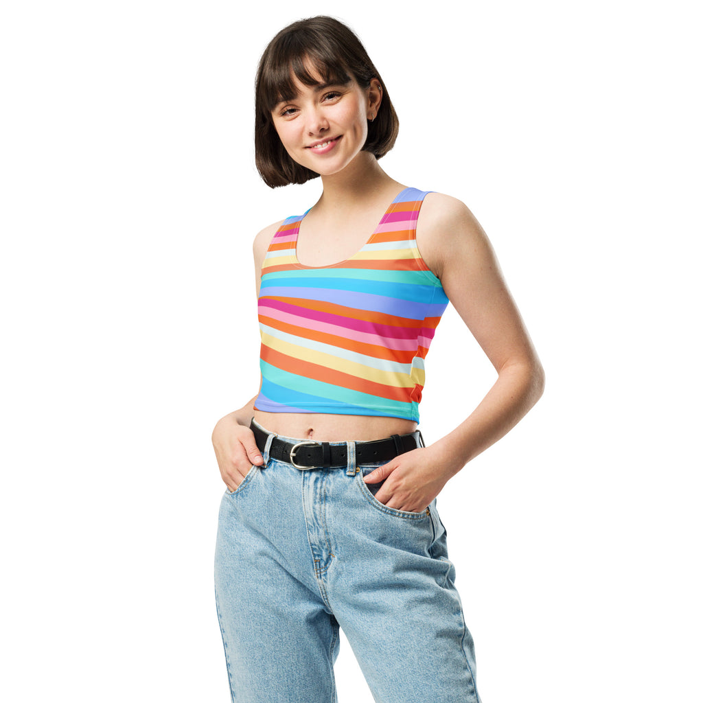 Women's Beach Rainbow Stripe Buttery Soft Crop Top- Quick-Drying UPF 50+ Stretch Top