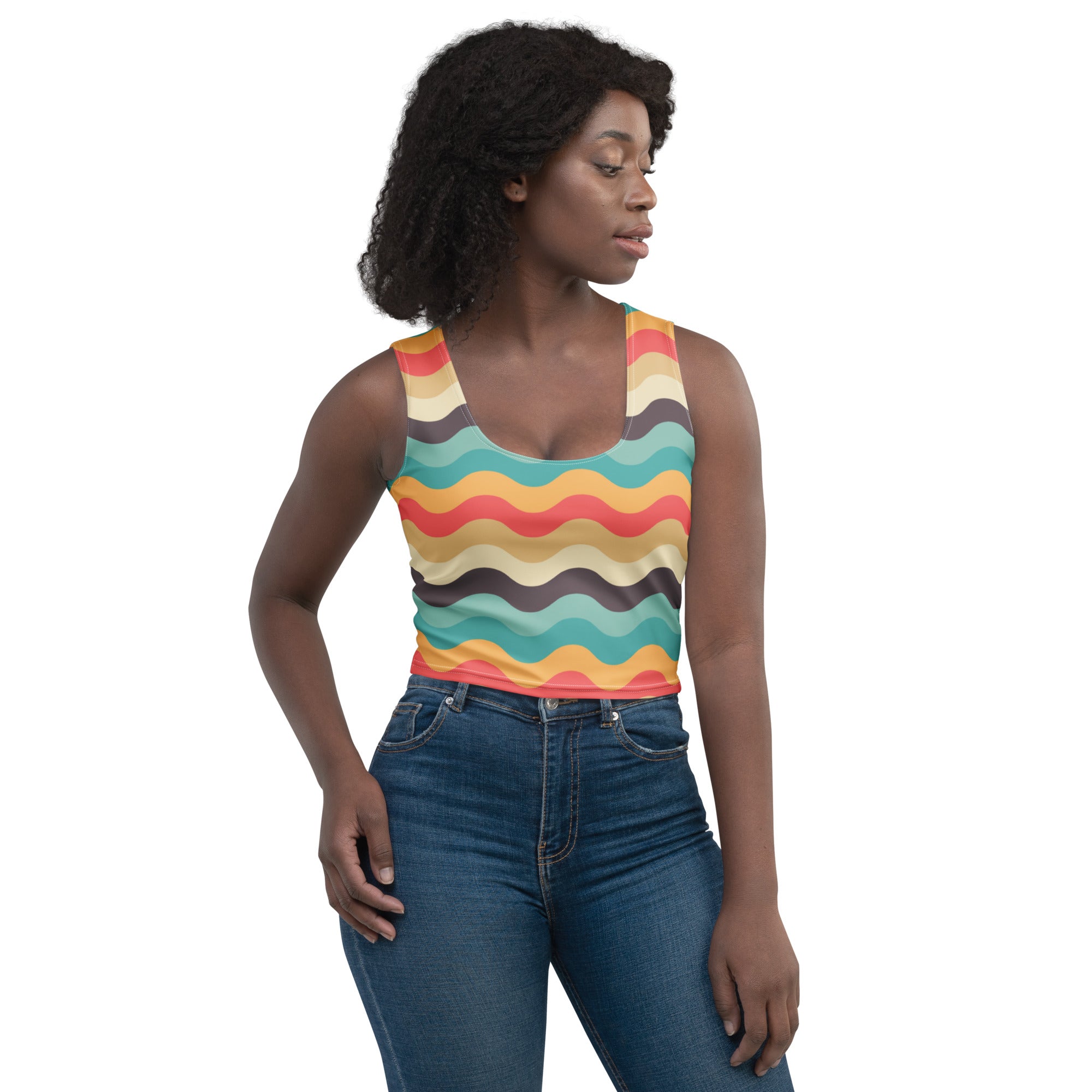 Women's Multicolor Wavy Stripe Buttery Soft Crop Top- Quick-Drying UPF 50+ Stretch Top