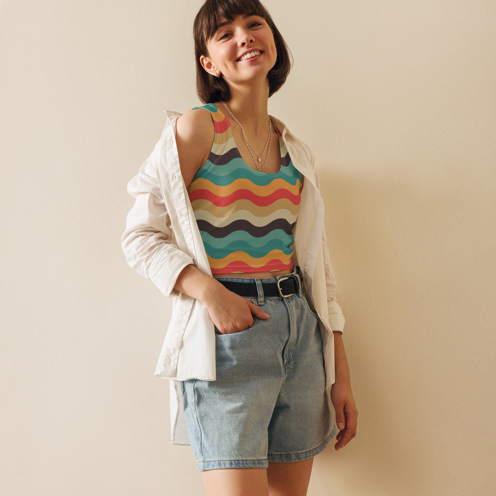 Women's Multicolor Wavy Stripe Buttery Soft Crop Top- Quick-Drying UPF 50+ Stretch Top