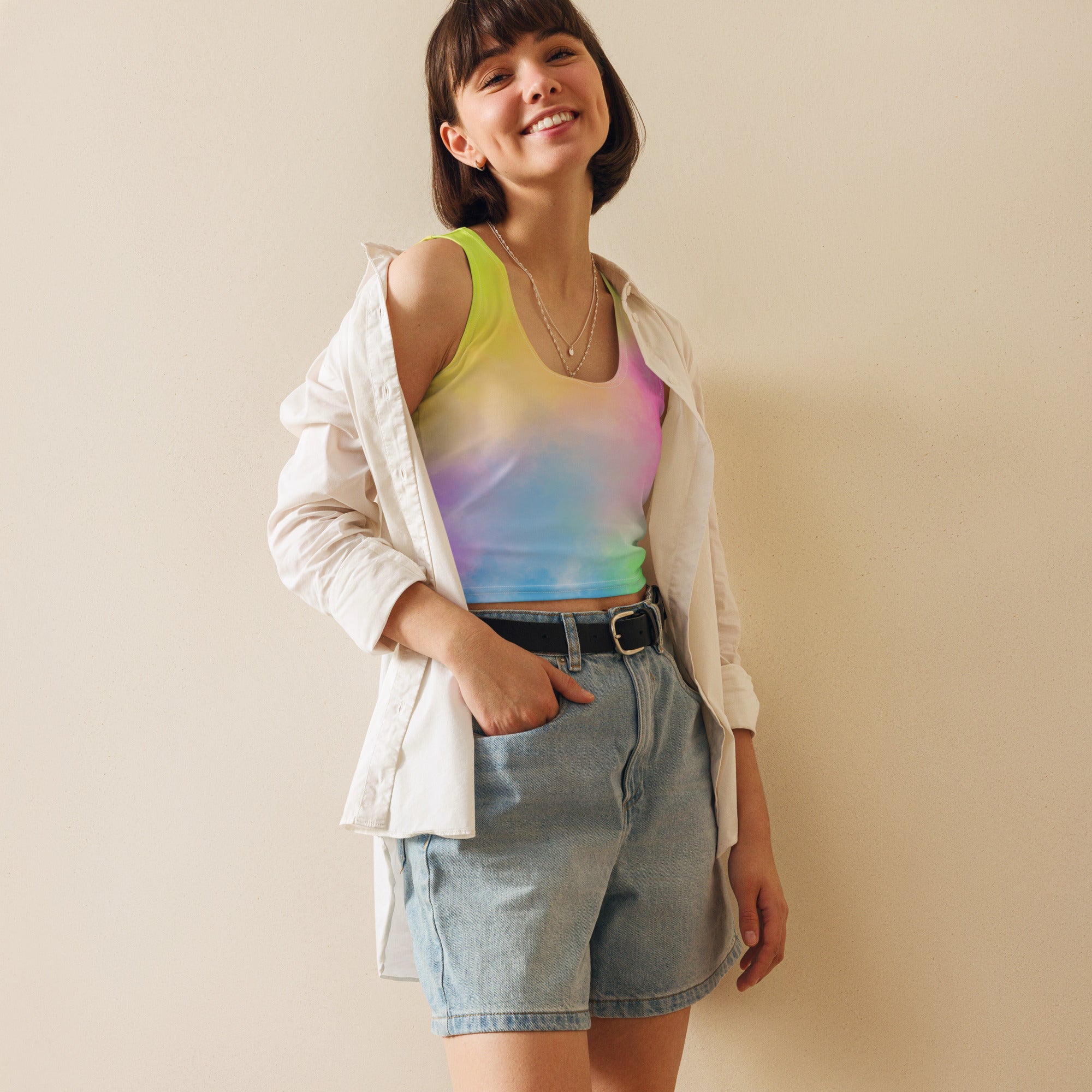 Women's Colorful Pastel Watercolor Buttery Soft Crop Top- Quick-Drying UPF 50+ Stretch Top