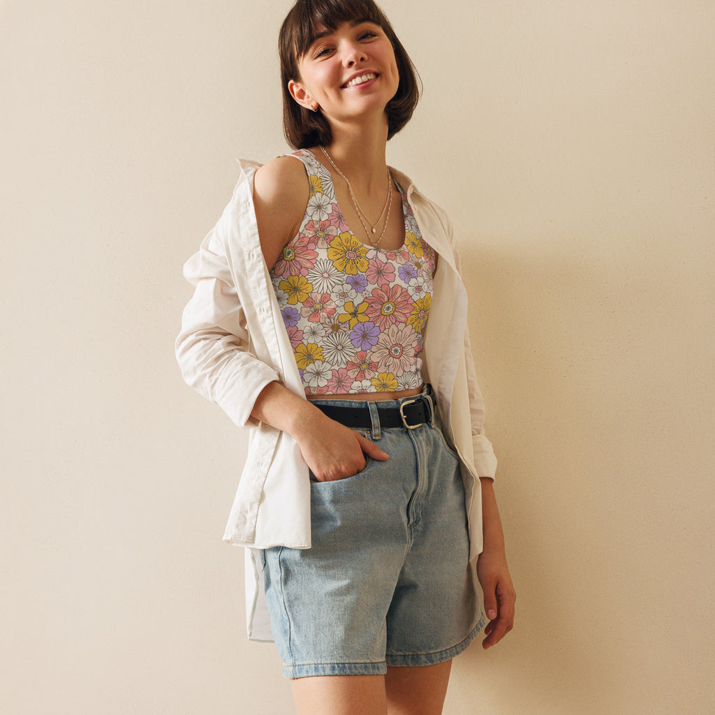 Women's Tropical Flower Print Buttery Soft Crop Top- Quick-Drying UPF 50+ Stretch Top