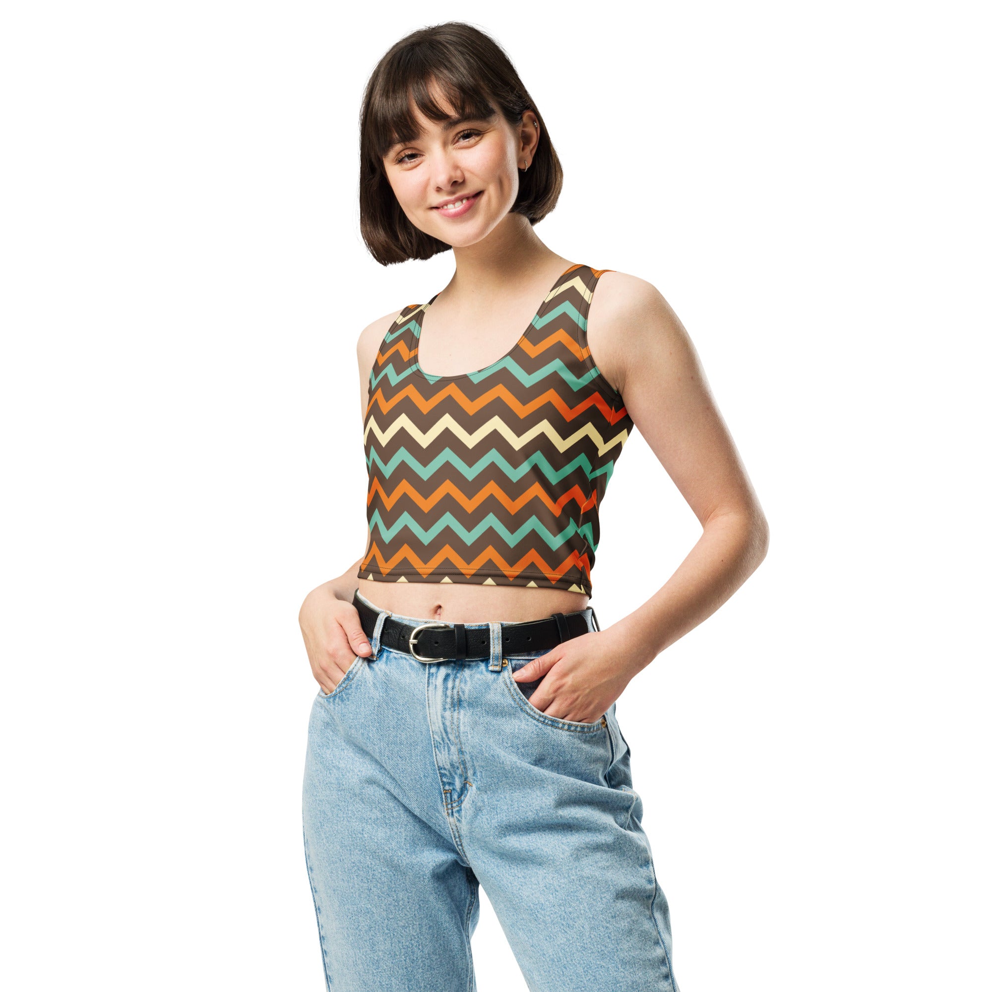 Women's Brown Chevron Buttery Soft Crop Top- Quick-Drying UPF 50+ Stretch Top