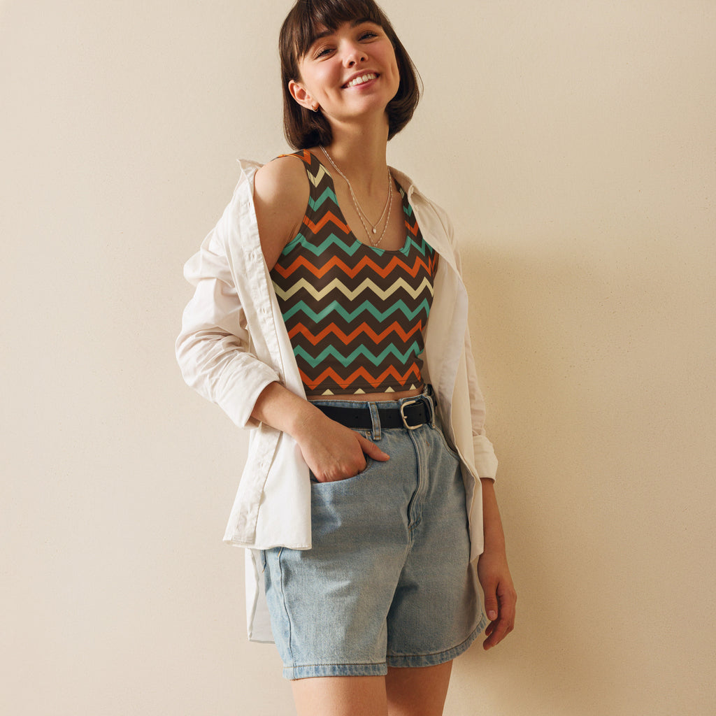 Women's Brown Chevron Buttery Soft Crop Top- Quick-Drying UPF 50+ Stretch Top